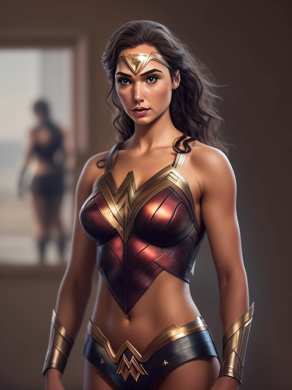 uma mulher em forma no traje corporal, Realistic, circunstanciado, hiper-realista, Colocando, 1girl, alto detalhamento, 8k, camelo, , , mulher maravilha, Gal Gadot