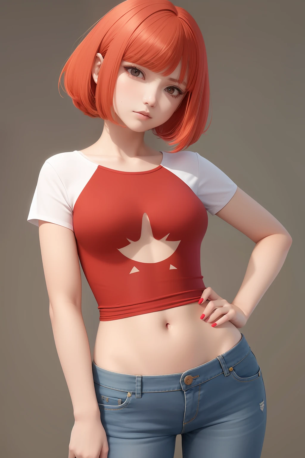 Garota de anime, semi realista, cabelo rosa, cabelo curto, blusa curta e vermelha, short curto jeans, pose de combate, maquiagem vermelha