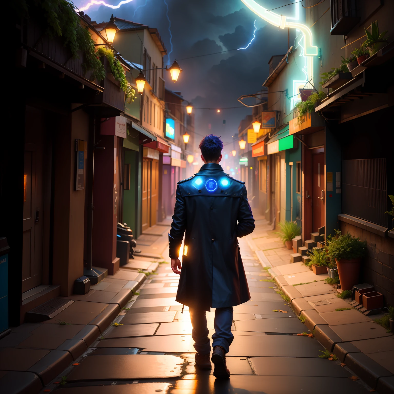 There's a man walking down a street with an umbrella, Detailed lighting and thunder, arte de fantasia urbana estilizada, cinematic lightning and colors, Beco Cyberpunk, Rua Cyberpunk, Beco das Costas Cyberpunk, in a cyberpunk setting, city street cinematic lighting, beautiful and cinematic lighting, rua noturna cyberpunk, Sci Fi Dramatic Lighting, hero pose colorful city lighting, dramatic epic cinematic lighting