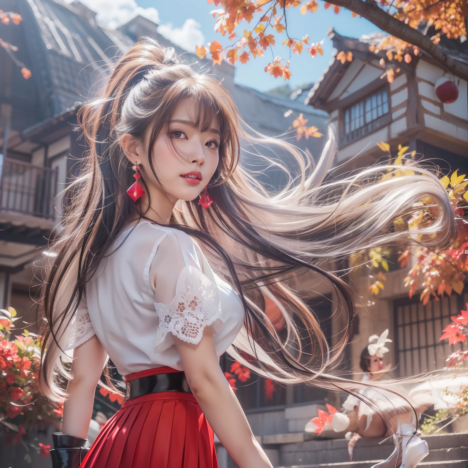 low angles, Simple village background, one girls,A smile, Lady, 8K,, Best Quality, Best Illustration,Stunning character art,epic exquisite character art,Detailed Digital Anime Art, extremely delicate and beautiful, glowing earrings, Beautiful red eyes, roundly eyes, Eyes Like Gems, Twinkle Eyes, Glowing eyes, finely detail, Beautiful detailed girl, strong breeze, Hair flutters, Slender face, lip stick, 鎖骨, beutiful breast,length hair, Beautiful face, Half-up hairstyle, Upstyle,Pearl Black Gradient Hair, Shiny hair,Shiny skin, Hair hanging over one eye, Light red inner hair, Look back, suprised, ((Pleated long skirt)), ((Skirt flutters in the wind)),Black fishnet stockings,White blouse in open chest,((Red high heels with black shiny heels)),