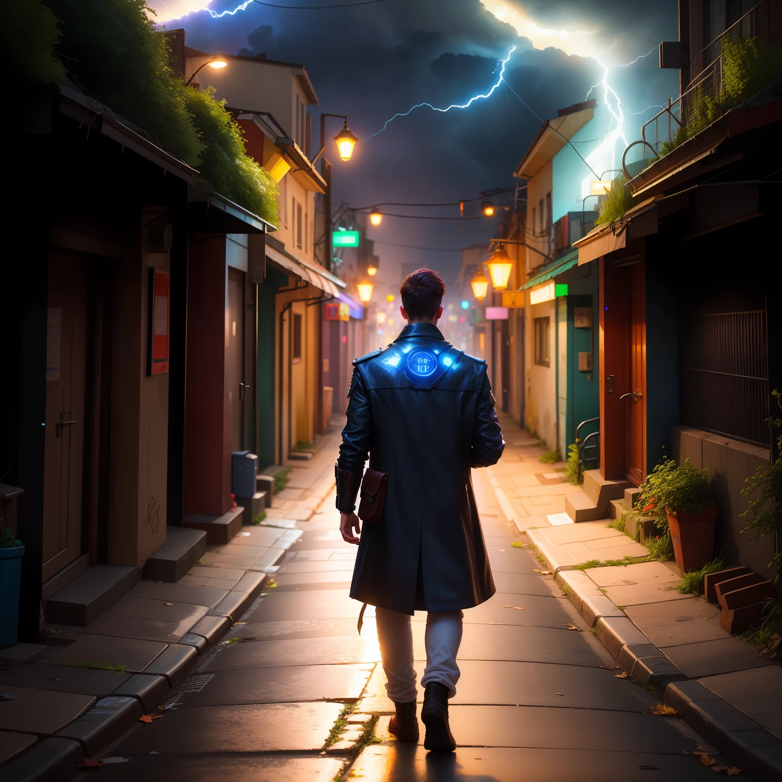 There's a man walking down a street with an umbrella, Detailed lighting and thunder, arte de fantasia urbana estilizada, cinematic lightning and colors, Beco Cyberpunk, Rua Cyberpunk, Beco das Costas Cyberpunk, in a cyberpunk setting, city street cinematic lighting, beautiful and cinematic lighting, rua noturna cyberpunk, Sci Fi Dramatic Lighting, hero pose colorful city lighting, dramatic epic cinematic lighting