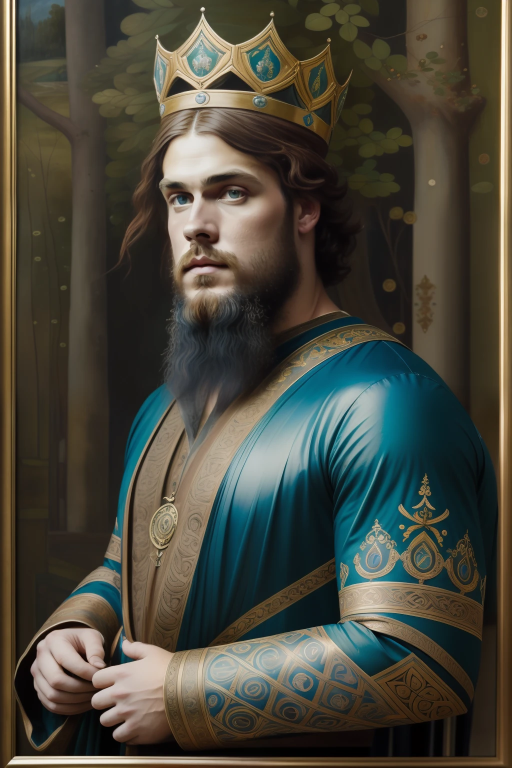 "(((Pre-Raphaelite painting))), Rei celta, Rei Artur, barba ruiva, figura masculina, roupas azul e dourado, Celtic symbols, crown on her head, grande Carvalho, Carvalho gigante, folhas, Carvalho, outono, folhas de carvalho vermelho, quercus robur"