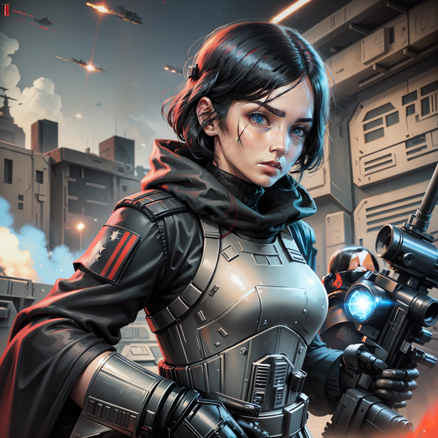 One Star Wars female imperial officer in black imperial uniform, around 21 years old, black hair, medium lenght hair, pale skin, blue eyes. Holding a sniper blaster. Batlte in the background. Slightly injured.