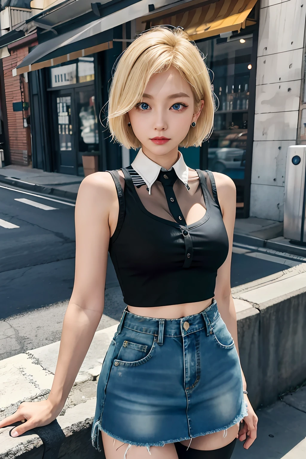 Best quality at best, A high resolution, and 18, 1girll, Android 18, 独奏, blond hairbl, eBlue eyes, short detailed hair, 耳Nipple Ring, jewely, Cowboy vest, Tight fitting shirts, black pantyhoses, Black shirt, Denim skirt, Horizontal striped sleeves, blue skirts, Medium breasts, streets background, cropped shoulders,Expose one ear