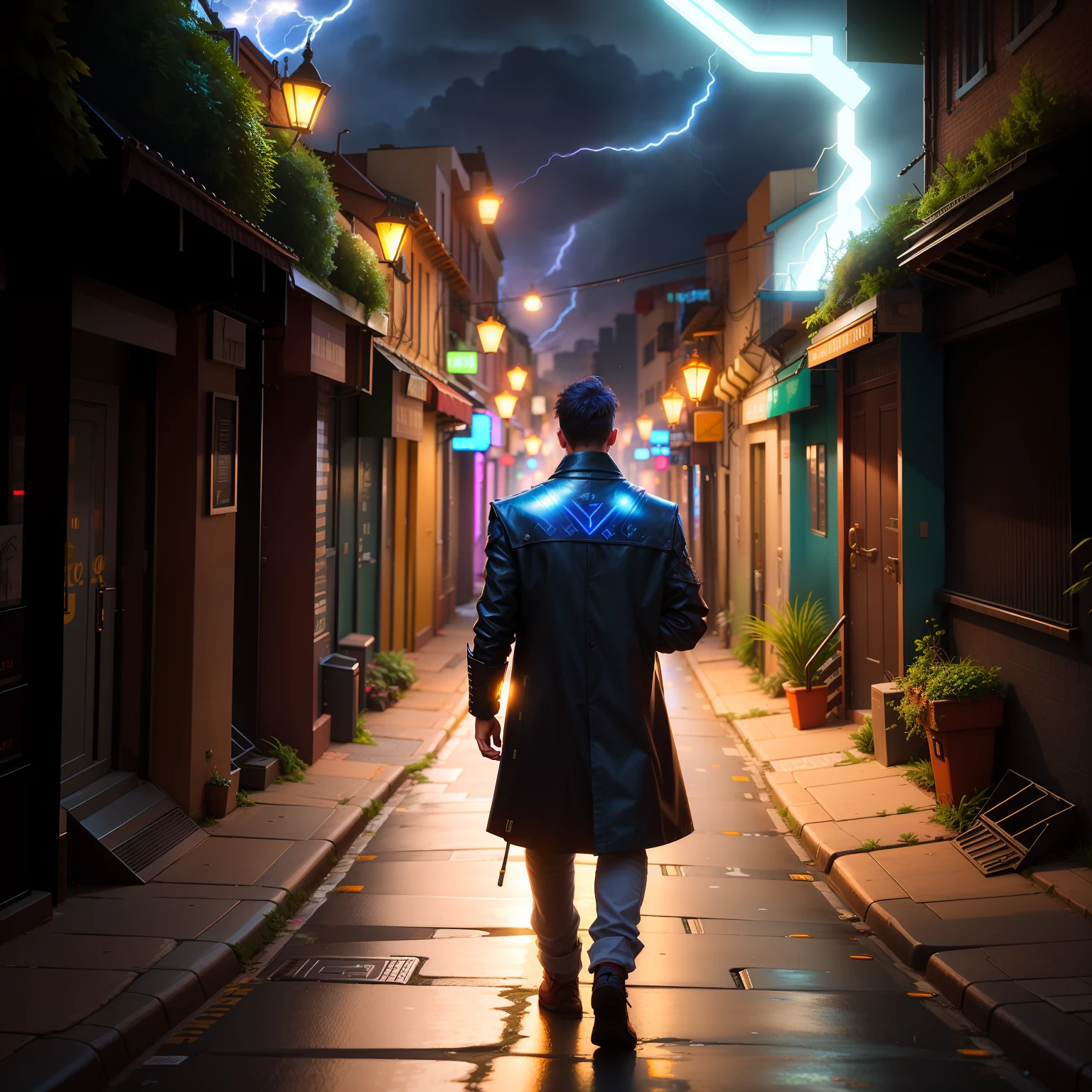 There's a man walking down a street with an umbrella, Detailed lighting and thunder, arte de fantasia urbana estilizada, cinematic lightning and colors, Beco Cyberpunk, Rua Cyberpunk, Beco das Costas Cyberpunk, in a cyberpunk setting, city street cinematic lighting, beautiful and cinematic lighting, rua noturna cyberpunk, Sci Fi Dramatic Lighting, hero pose colorful city lighting, dramatic epic cinematic lighting