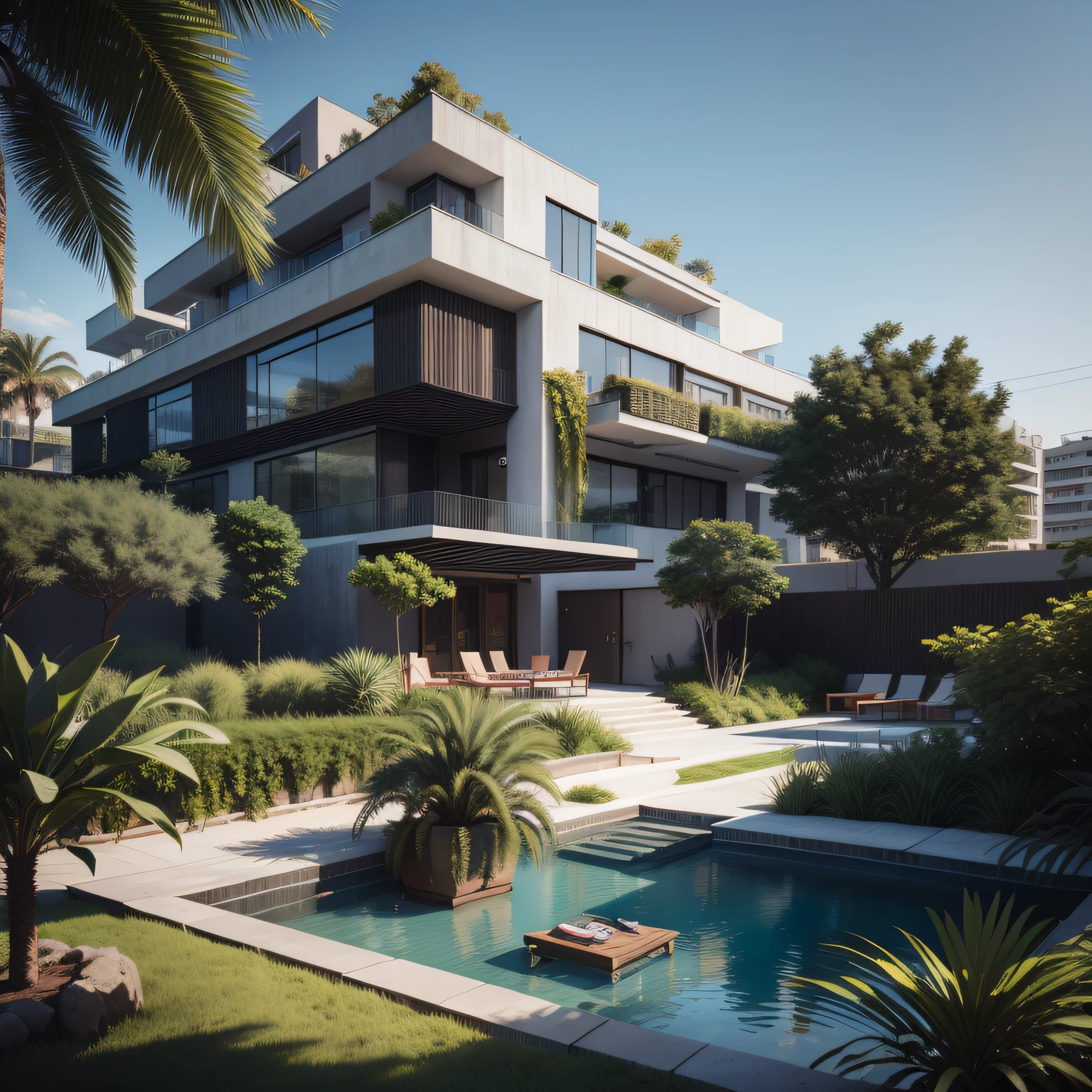 Grande hotel, Arquitetura futurista, building in the background, Architecture of a dark gray concrete building, madeira e vidro, Building with large lawn on the beach, Arquitetura moderna, grande piscina em frente ao hotel, restaurante interior com grandes fachadas em vidro, grandes candeeiros no interior, lots of vegetation around, hotel  com 120 quartos, Arquitetura moderna, organic architecture, Geometria luxuosa, hiper-realista, Fantastic 8K architecture, UHD — AR 16: