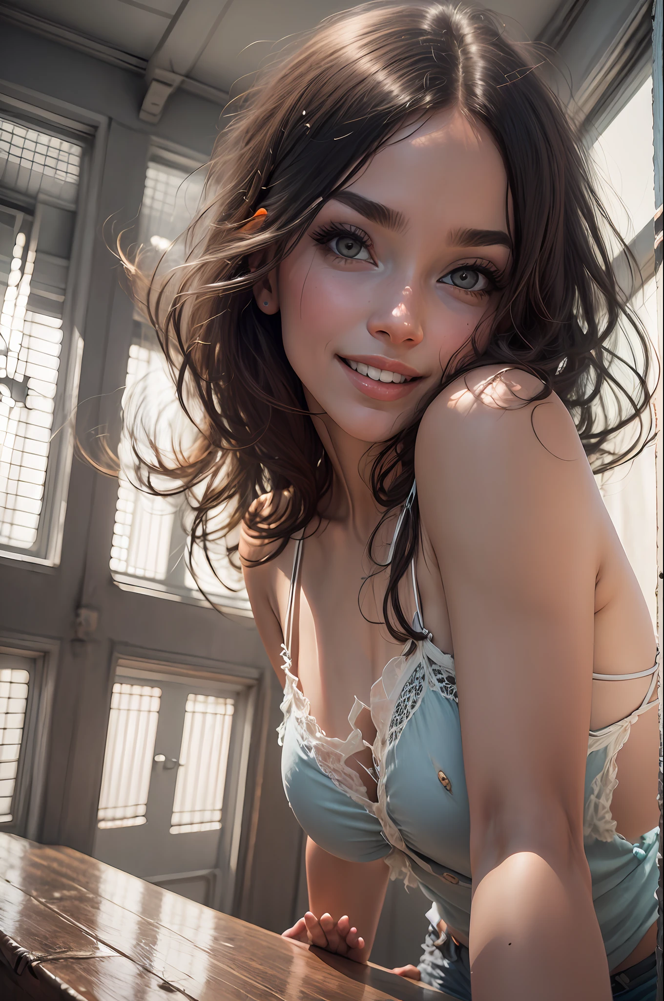 woman, (((from bottom)))), dark room, foreshortening, (seductive pose), looking at the viewer, smiling, blackcutoffs, (eye contact), transparent langerie, photorealistic, masterpiece, realistic, high contrast, hyperdetailed, best quality, ultra high resolution, photorealistic, high resolution, detailed, raw photo,