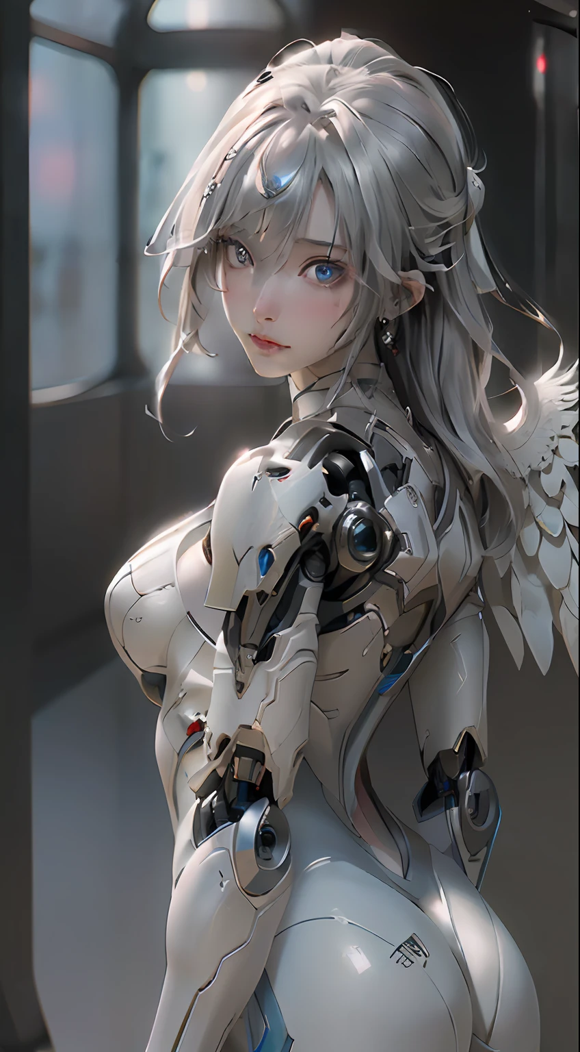 angel wings and a halo on her head, angel knight girl, (Best Quality), ((Masterpiece), (Detail: 1.4), 3D, A Beautiful Cyberpunk Woman, HDR (High Dynamic Range), Ray Tracing, NVIDIA RTX, Super-Resolution, Unreal 5, Subsurface Scattering, PBR Textures, Post-Processing, Anisotropic Filtering, Depth of Field, Maximum Sharpness and Clarity, Multi-layer Textures, Albedo and Highlight Maps, Surface Shading, Exact simulation of light-material interactions, perfect proportions, Octane Render, bicolor light, large aperture, low ISO, white balance, rule of thirds, 8K RAW, close-up of a woman with very long hair and a very large body, perfect anime robot woman, anime robot with organic mix, best anime 4K konachan wallpaper, detailed digital anime art, beautiful girl cyborg, portrait of cyborg queen, cyborg - silver girl, biomechanics oppai, Digital cyberpunk anime art