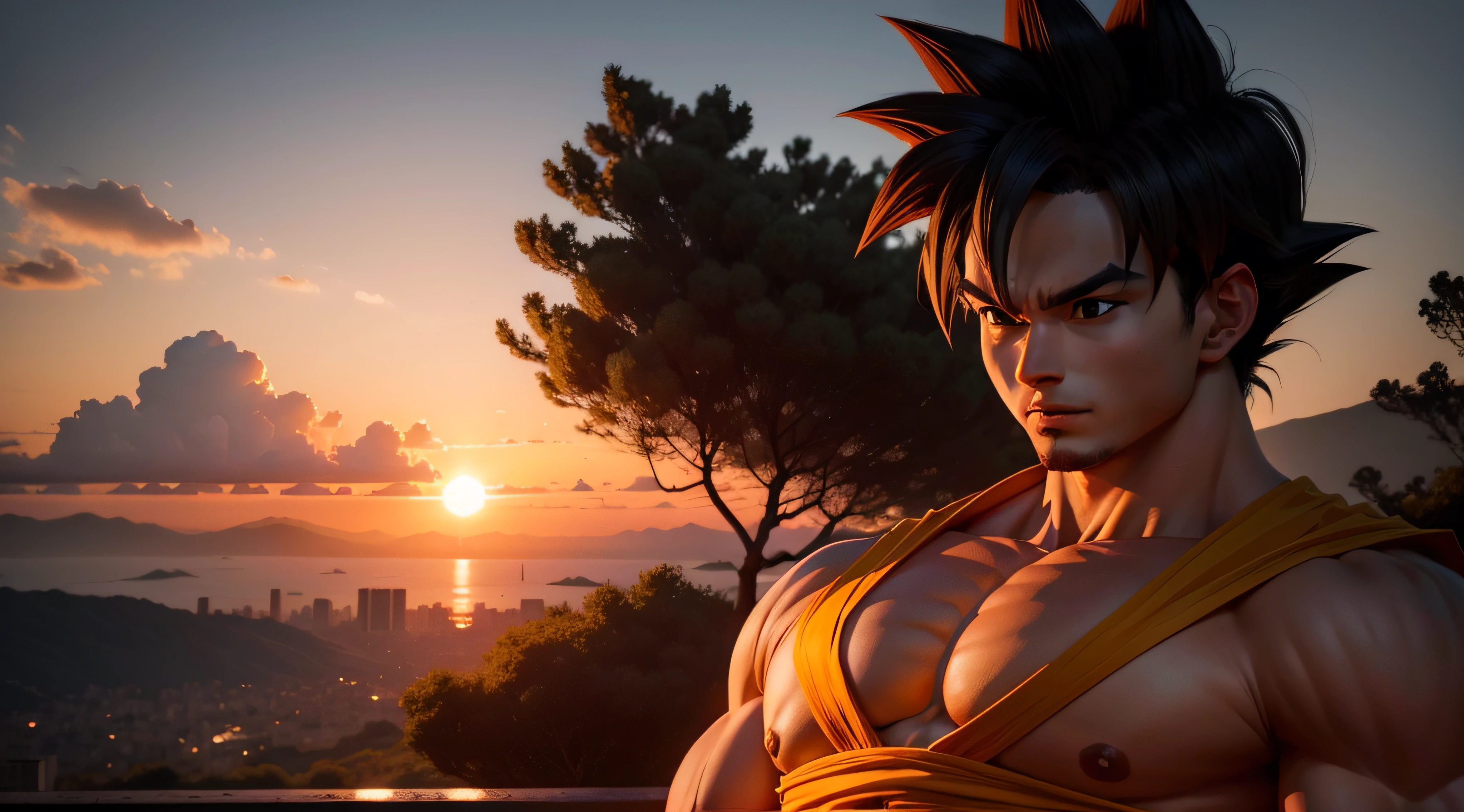 goku, obra-prima, melhor qualidade, ultra alta res, por do sol, paisagem urbana, profundidade de campo , solo masculino,  com aura de energia sayajin, rosto bem feito