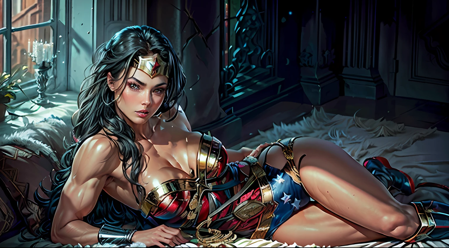 ((best quality)), ((masterpiece)), (very detailed: 1.3), 3D, NeonNoir, Wonder Woman, (Intricate details, makeup), (Delicate and beautiful delicate face, delicate and beautiful delicate eyes, perfectly proportioned face), (shining skin: 1.0), delicate skin, strong and realistic blue eyes, realistic black hair, lips, makeup, natural skin texture, tiara, jewelry, star \(symbol\), leotard, bulletproof gauntlet, Red boots, golden belt, (public clothing: 1.5), bare shoulders, slightly sunburned complexion, mature, sexy, elastic muscles, (muscles: 1.2), ((strong and healthy body)), (((more) muscles))), long legs, curves, (big breasts: 1.3), cleavage, thin waist, soft waist, (delicate skin), (beautiful and sexy woman), (swollen lips: 0.9), (eyelashes: 1.2), very delicate muscles, perfect body, candles shining with an eerie light, (white emanating: 1.1), in a ruined castle, (lying in bed: 1.2), facing the window, Sony Master lens,