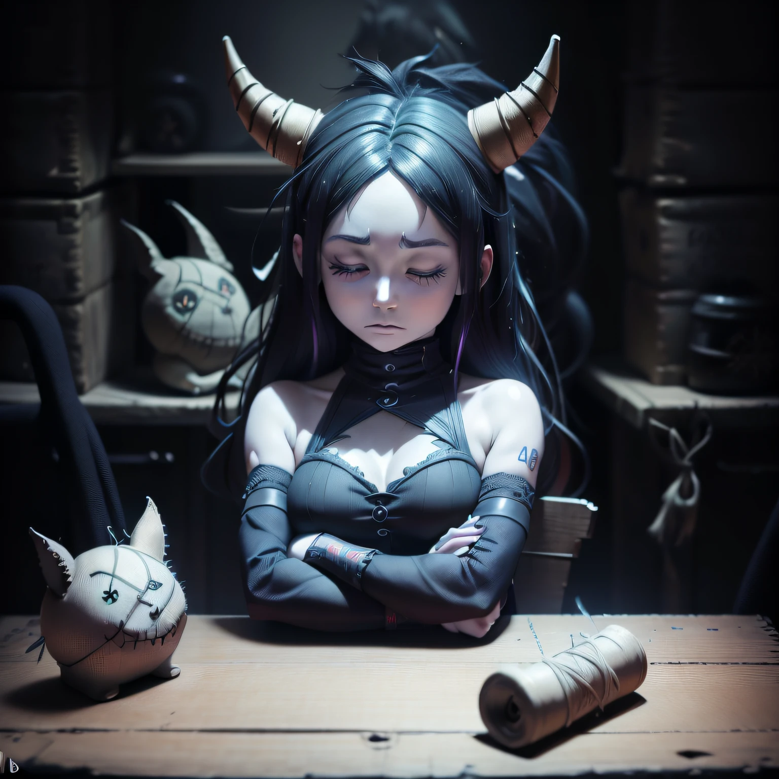 Black-haired woman with horns and horns on her head sitting at a table, menina anime demon, 2. 5 d cgi anime fantasia arte | | | | | | | | | | | | | | | | | | | | |, portrait of demon girl, 3 d render arte do caractere 8 k, Demon girl, arte de anime digital detalhada, deviantart artstation cgscosiety |, arte conceitual escura fotorrealista, Arte digital altamente detalhada em 4k, (((Sleeping expression))), (((dormindo))), s office, Assustadora, (((sombra assustadora maligna ao fundo))), (((terceiro olho na testa))), (((corpo fitness))), (((extremely pale)))