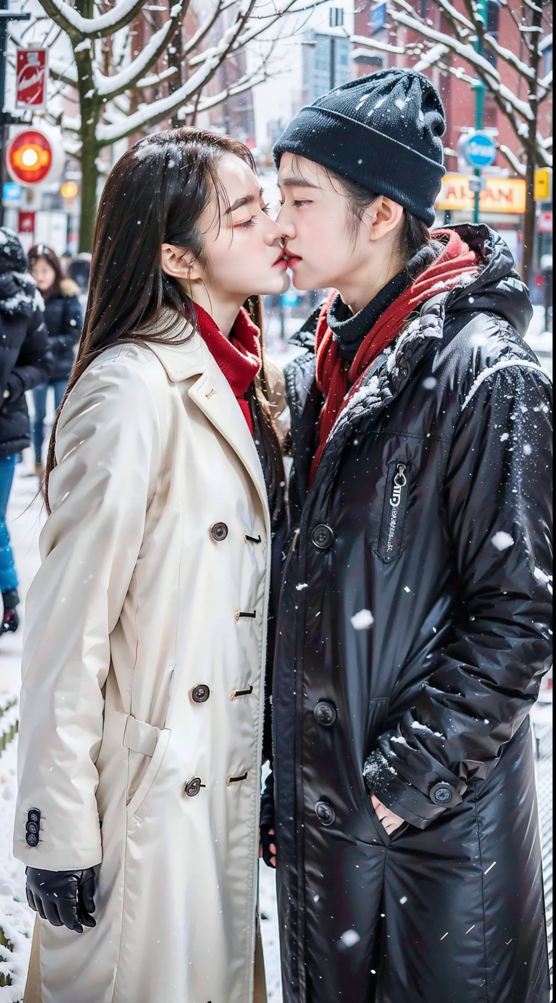 A young couple kissing on a snowy day Asian face teenage on the street Canon photography ultra-realistic masterpiece full body photo snowfalling