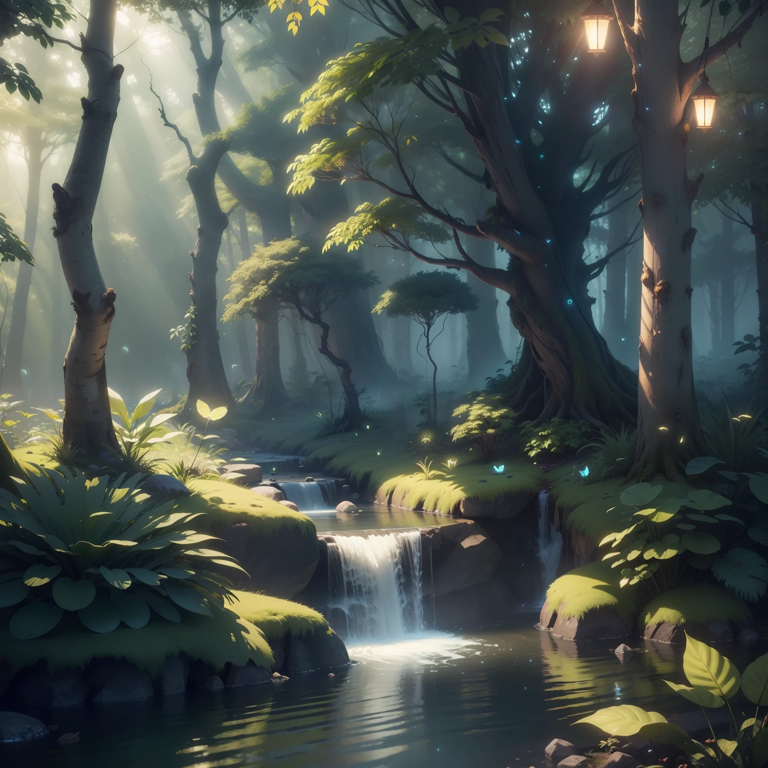 Masterpiece, best quality, (highly detailed CG unity 8k wallpaper), (better quality), (better illustrations), (better shadows), forest theme with natural elements. Tall trees, quiet streams, glowing small mushrooms surrounded by delicate leaves and branches, with fireflies and glowing particle effects, (natural elements), (jungle theme), (leaves), (branches), (fireflies), butterflies, ( delicate leaves ), (glow), (particle effects). , isometric 3D, octane rendering, ray tracing, hyper detail