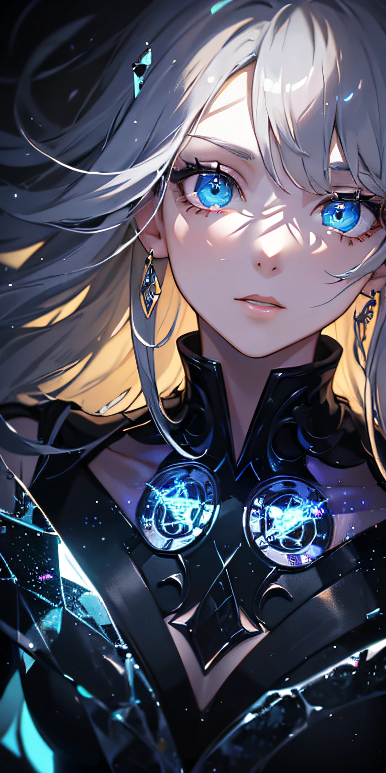 (masterpiece, best quality, ultra-detailed, best shadow), (detailed background,dark fantasy), (beautiful detailed face), high contrast, (best illumination, an extremely delicate and beautiful), ((cinematic light)), colorful, hyper detail, dramatic light, intricate details, (1 girl, solo,blond hair, sharp face, blue eyes, swirling black light around the character, depth of field,black light particles,(broken glass),magic circle,