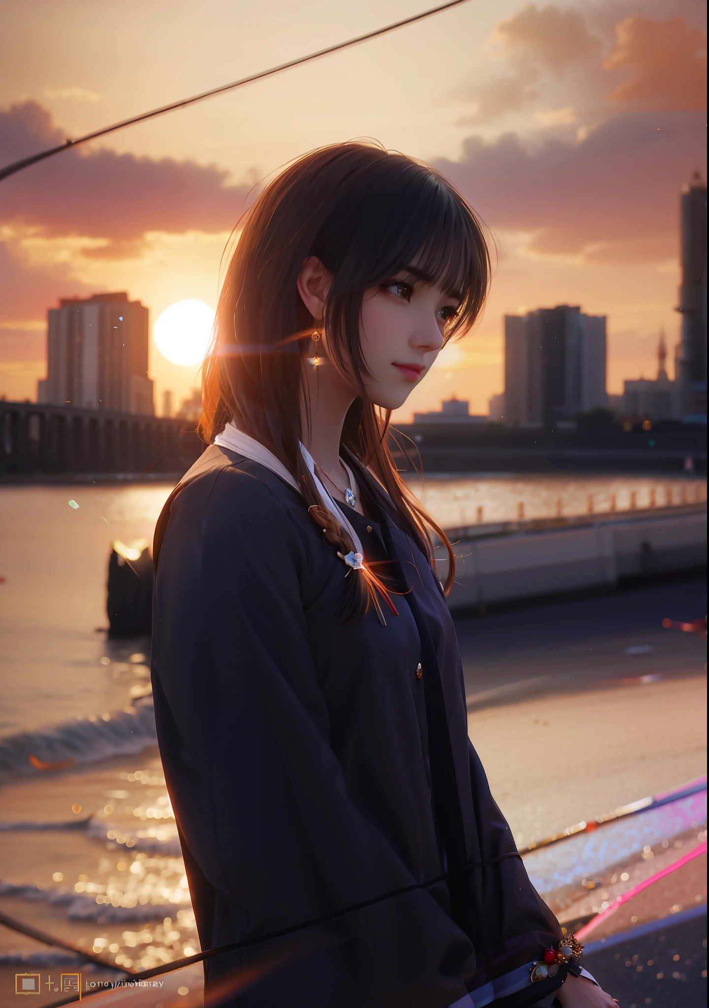 brunette color hair,the setting sun,Royal Sister,Beautiful sunset,A sad expression,Beautuful Women,sideface,offcial art，Unity 8k wallpaper，ultra - detailed，Aesthetics，tmasterpiece，best qualtiy，realisticlying,illuminating，Frankness，photore，A high resolution，4K，8K，Bokeh,Photo level