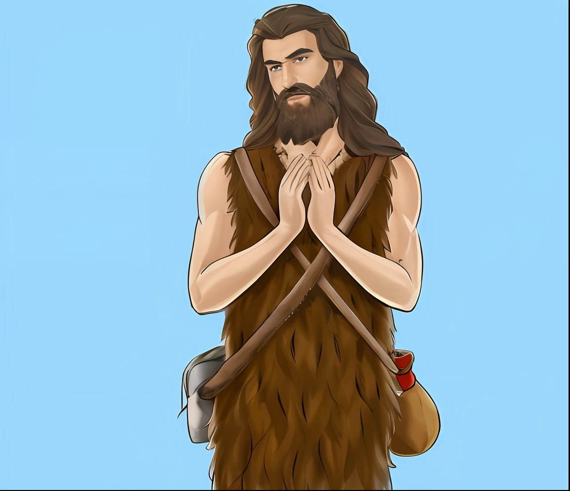 A cartoon of a man with long hair and beard standing in front of a blue background, vestindo roupas de homem das cavernas, Vestido como Jesus Cristo, saint homo neanderthalis, wearing barbarian caveman pelt, one caveman is cowering in fear, usando tanga, um personagem baseado em um haggis, Jesus Gigachad, moses, tanga