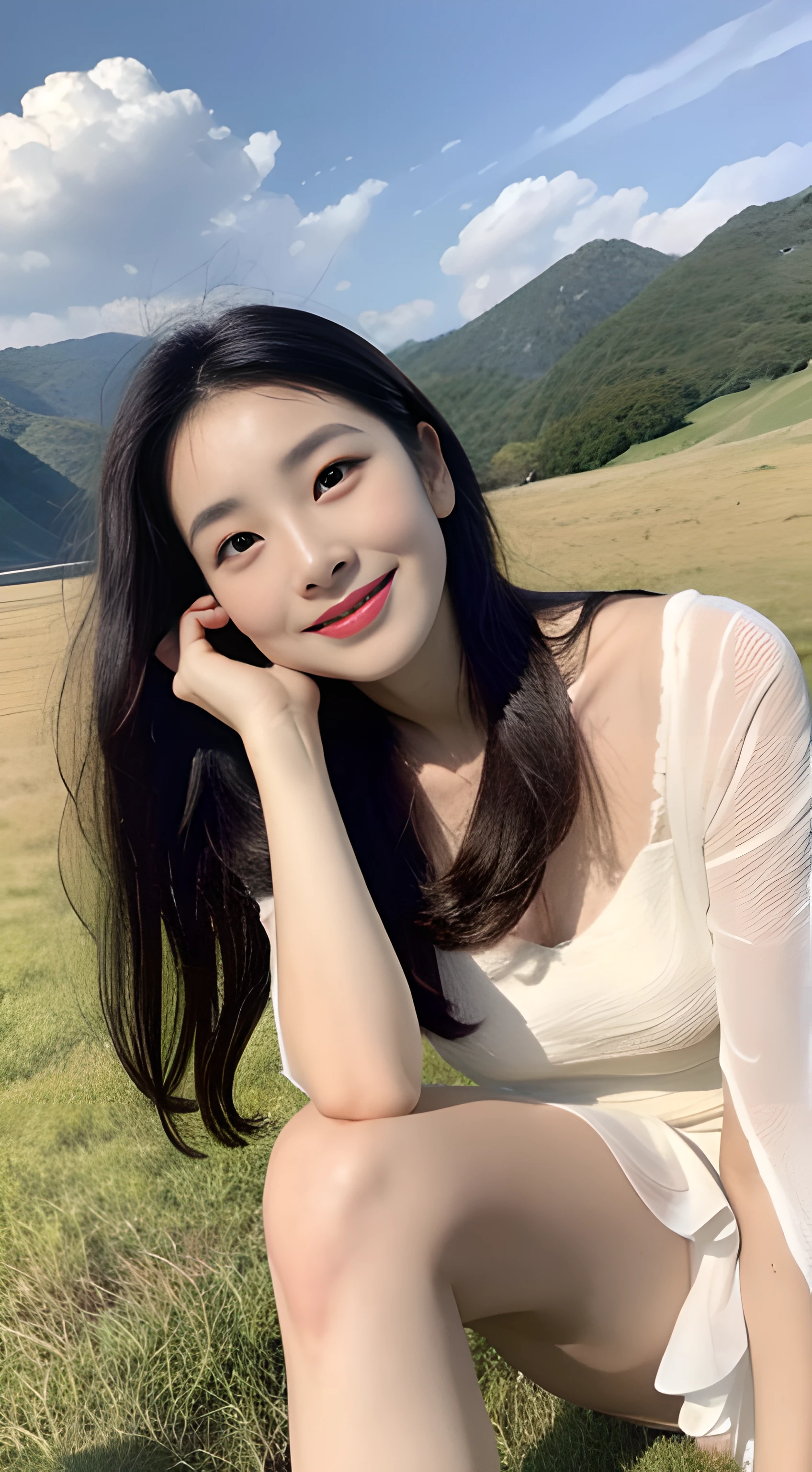 a young, Beautiful cute girl,Full body photo,Extremely beautiful and delicate,Black color hair,A sweet smile,Delicate and beautiful fair skin,Realistic and realistic,exquisite and complete facial features,Detailed depiction of the face,tall nose bridge,Smooth hair,extremely detail hair,Feminine temperament,Fill your face light,Tall and tall,Thin,Realiy,Hyper-realism,Sandals with a thick sole,full body shot shot,Forward tilt angle,Extreme picture quality,Highest precision,Precise and perfect human anatomy。with blue sky and white clouds,Sitting on the Steppe,with blue sky and white clouds,rays of sunshine,Cows, sheeps, (White chiffon skirt)Panties are clearly visible. (telephoto shot,)Express the landscape,Highlight portrait。Delicate fingers