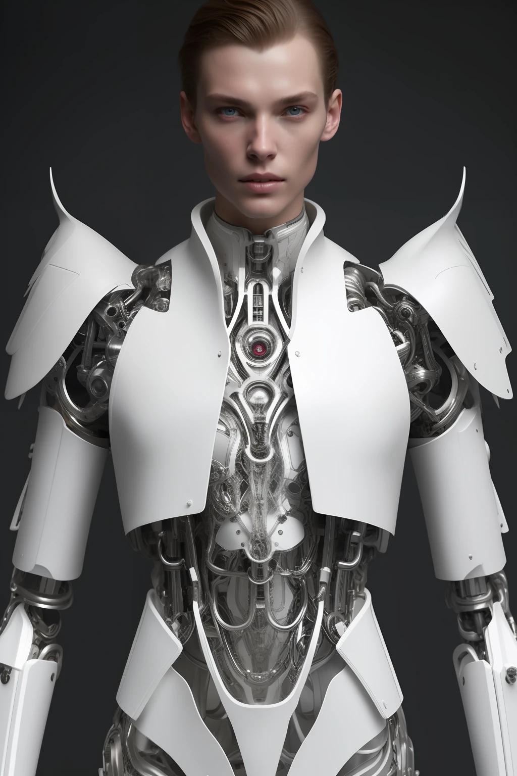 organic cyborg with essence of h&m campaign model, male, white plastic, diffuse lighting, fantasy, intricate, elegant, dressed in shiny h&m tailored suit with jewelry details, very detailed, realistic, photorealistic, digital painting, art station, illustration, concept art, soft, sharp focus, art by John Collier and Albert Aublet and Krenz Cushart and Artem Demura, focus on face and torso area only this type of photography, body needs to have completely smooth texture with no cyborg gear showing through