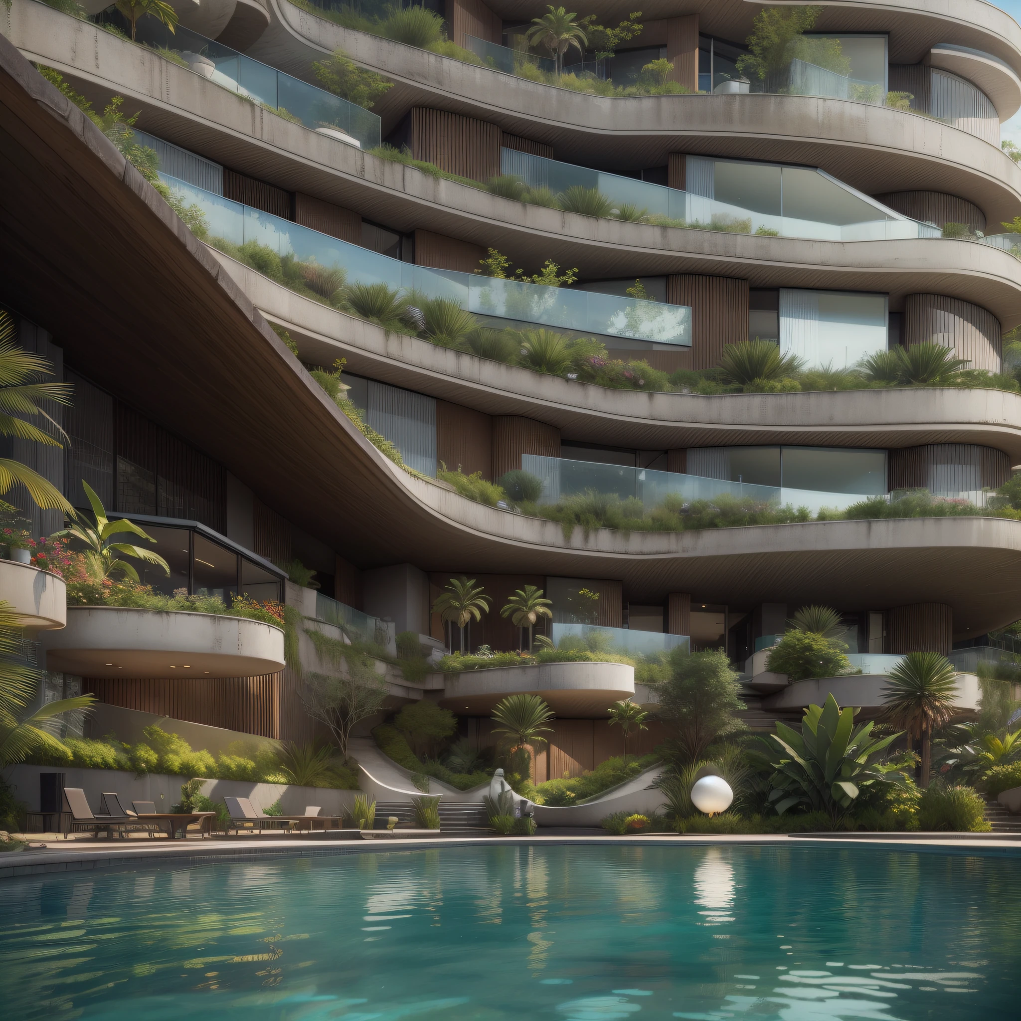 Grande hotel, Arquitetura futurista, building in the background, Architecture of a dark gray concrete building, madeira e vidro, Building with large lawn on the beach, Arquitetura moderna, grande piscina em frente ao hotel, restaurante interior com grandes fachadas em vidro, grandes candeeiros no interior, lots of vegetation around, hotel com 120 quartos, Arquitetura moderna, organic architecture, Geometria luxuosa, hiper-realista, Fantastic 8K architecture, UHD — AR 16: