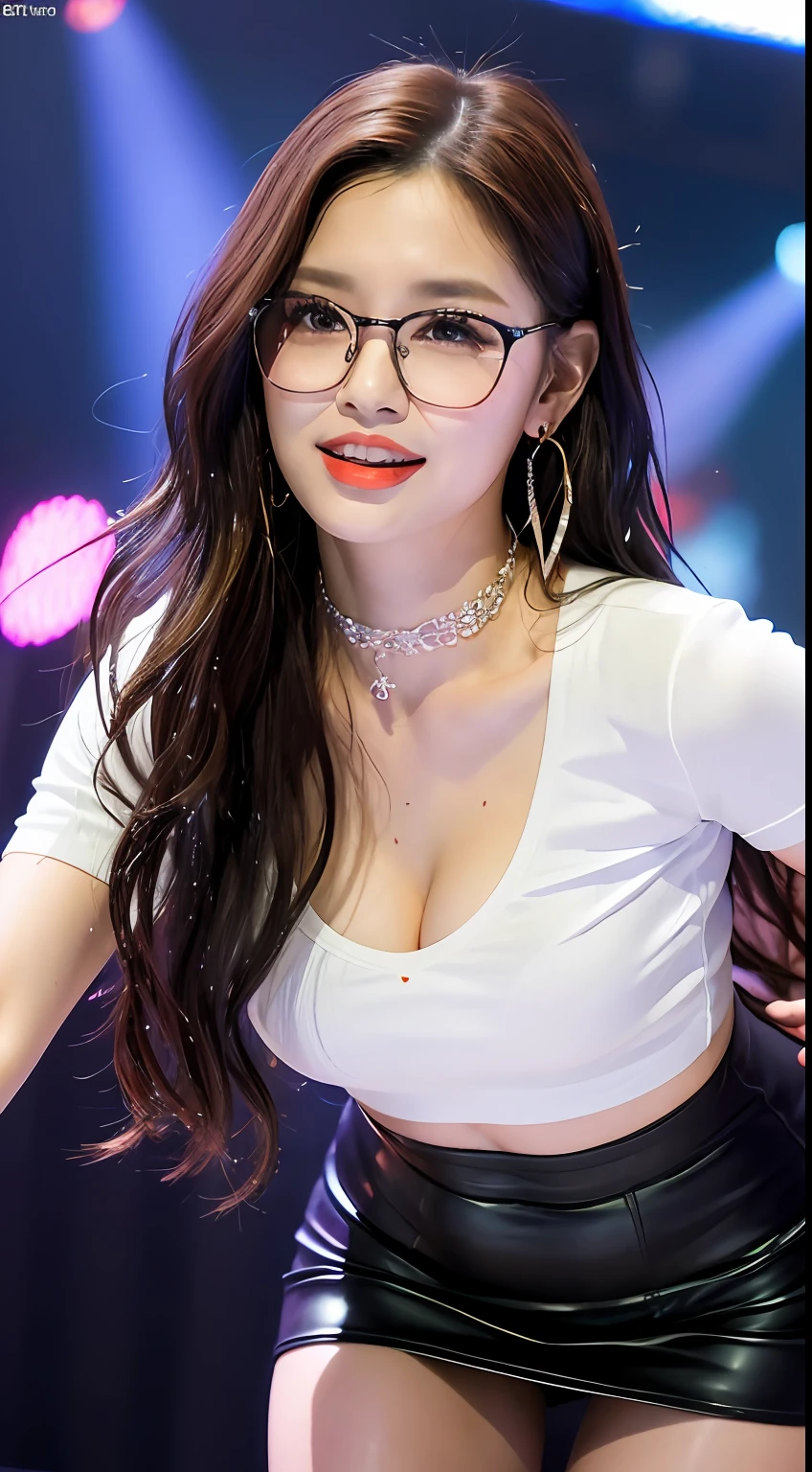 ((midnight, Need, 8K, tmasterpiece:1.3)), A whole body, Long legs, Focalors:1.2, Plump body,perfect figure beautiful woman:1.4,((Dark brown hair, huge tit:1.2 )), (Low-cut white T-shirt, Deep V white T-shirt,Skinny white T-shirt,blackstockings,short skirt), ((Nightclub,Karaoke)), crowd of,Highly detailed facial and skin texture, A detailed eye, 二重まぶた,wears glasses,crisp breasts,Smile with,Bigger breasts, Wavy hair,crisp breasts,Get wet,Sweat profusely,Red lips,Wear earrings,wearing a choker,Wear a bracelet,orgy,Rejoice,Hot dance,Perfect chest shape,drink,vibrancy,Heaty,wildness,huge tit,Bigchest