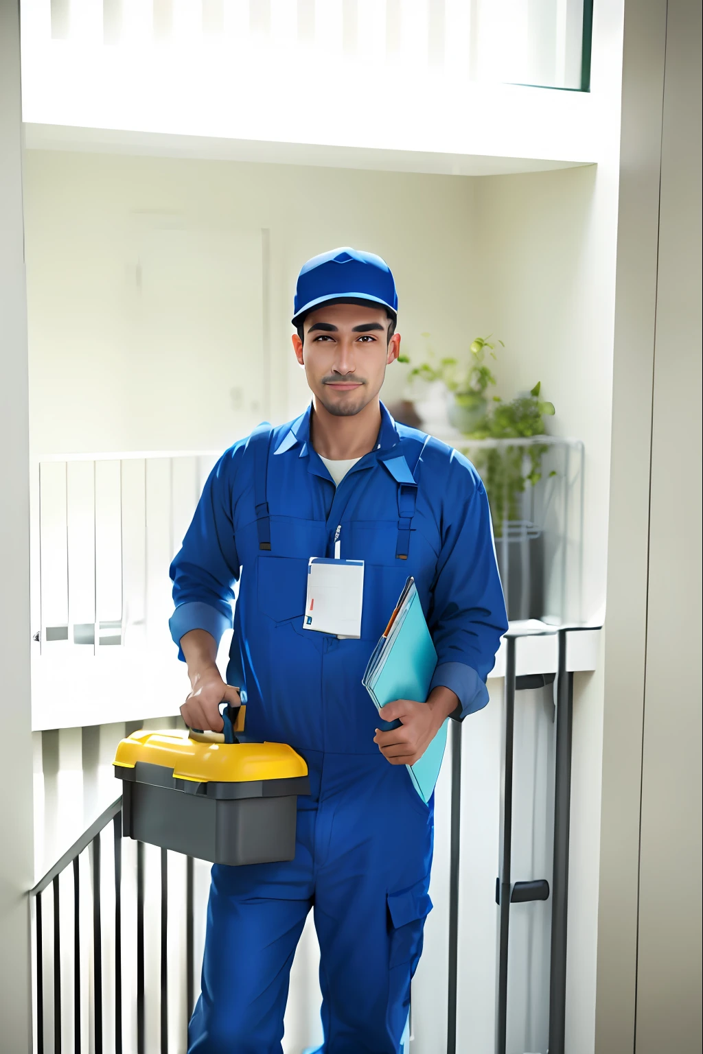 The Aalfed man in blue overalls holds a toolbox and a folder, wearing plumber uniform, very professional, As well as handymen, Professional work, well lit professional photo, safe to work, inspect in inventory image, healthcare worker, Coveralls, wearing a navy blue utility cap, white backgrounid, marketing photo, carrying a tray, commercial photograph, 3 4 5 3 1