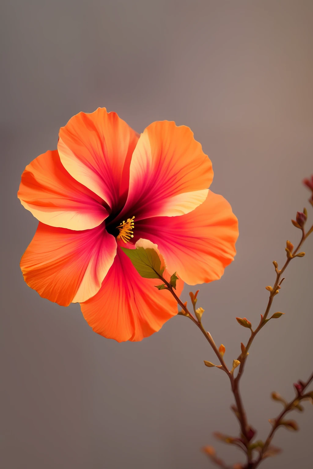 hibiscus flower blooming on a gnarled branch against a grey background, simple background, in the style of light orange and light beige, minimalist images, photography installations, paleocore, green and crimson, hyper-realistic, poetic intimacy