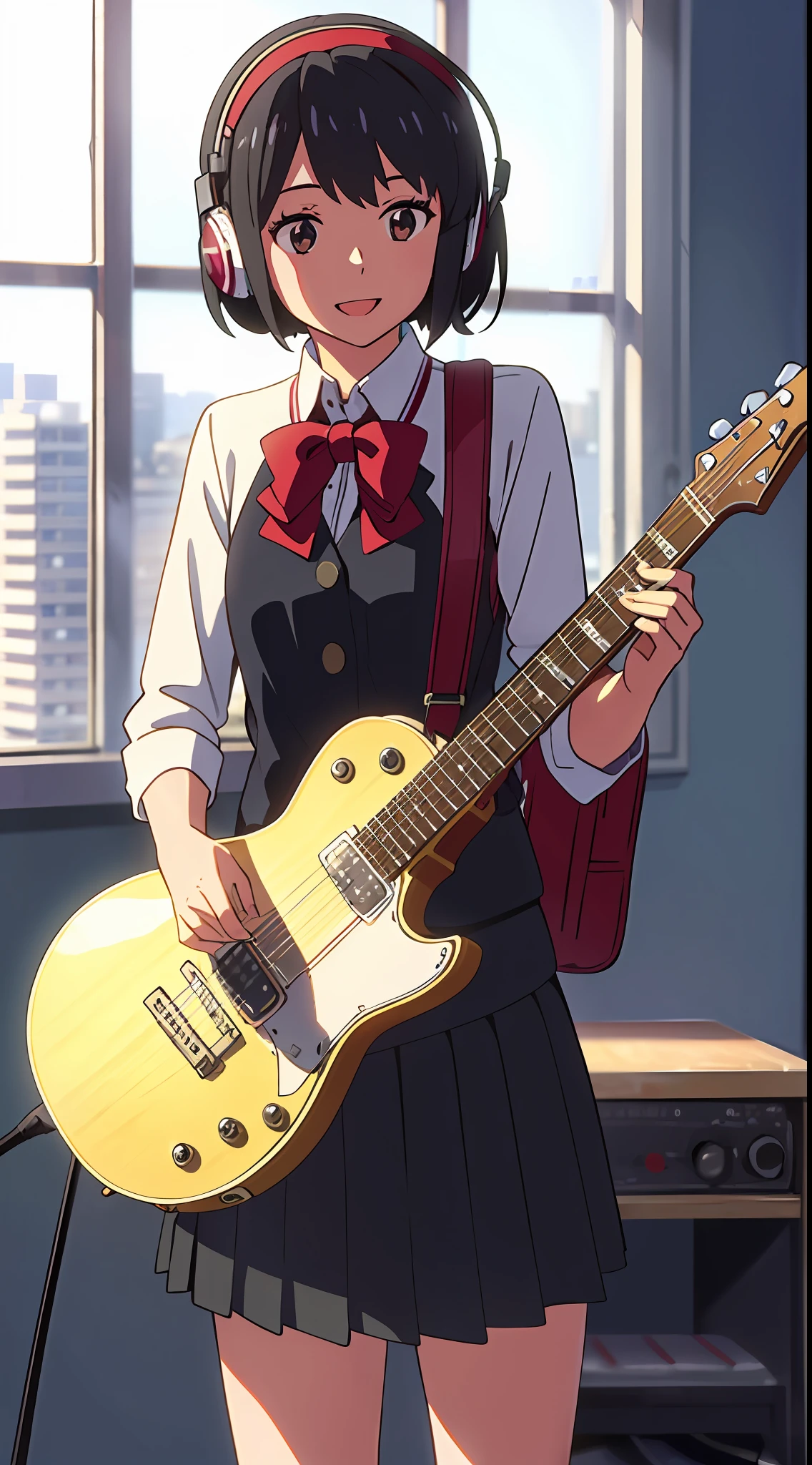 shinkai makoto, kimi no na wa., 1girl, bangs, black hair, brown eyes, shiny skin, red bow, red headband, red ribbon, black shirt, short hair, smile, solo, happy, open mouth, electric guitar, guitar, headphones, holding, holding plectrum, instrument, music, one side up, playing guitar, black skirt, pleated skirt, indoors, best quality, masterpiece