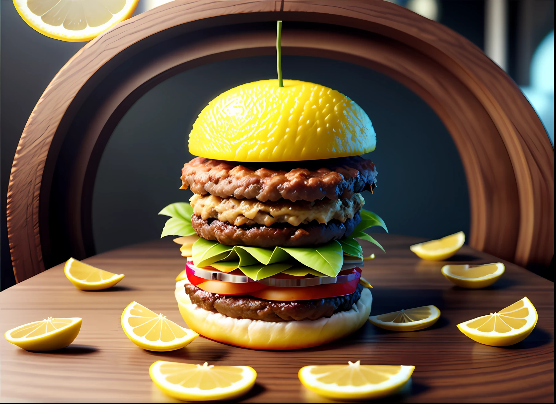 (best quality), (Octane rendering), (unreal engine), (extremely high details), (hamburger patty), (1 woman), (over 30 years), (overweight), (symmetrical fruity with lemon flavor).