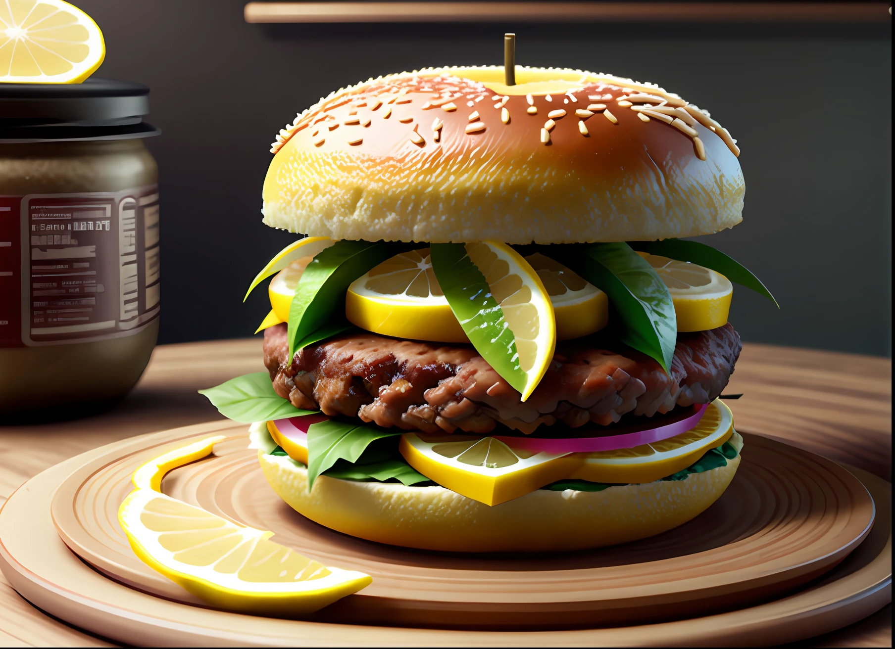 (best quality), (Octane rendering), (unreal engine), (extremely high details), (hamburger patty), (1 woman), (over 30 years), (overweight), (symmetrical fruity with lemon flavor).