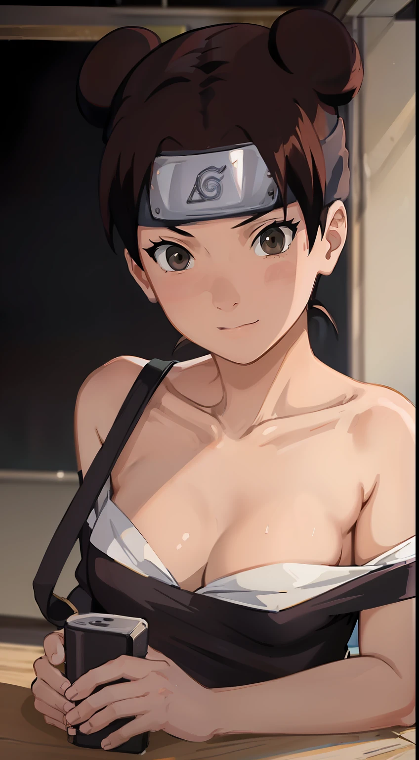 one-girl，little breast，cleavage，Off-the-shoulder attire，Bust photo，Naruto，Endure forehead protection，white  clothes，looks into camera，sportrait，ssmile，schools，‎Classroom