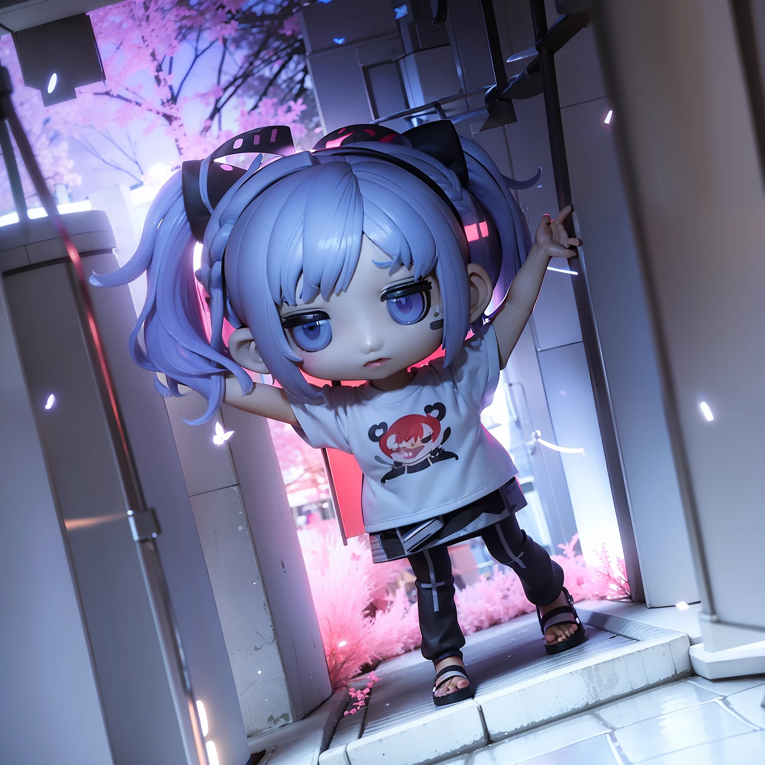 🎇🎆🎡🎢 masterpiece (((chibi 3d))) (((petit)))Cute One Girl。
She has pale purple hair in a ponytail,Blue-gray eyes,Wearing a red gradient t-shirt,Black polka dots,Avant-garde half pants,Wearing string sandals,A butterfly perches on the tip of a finger,
Chibichara,Anime Characters,figurine,Petite and Photoreal