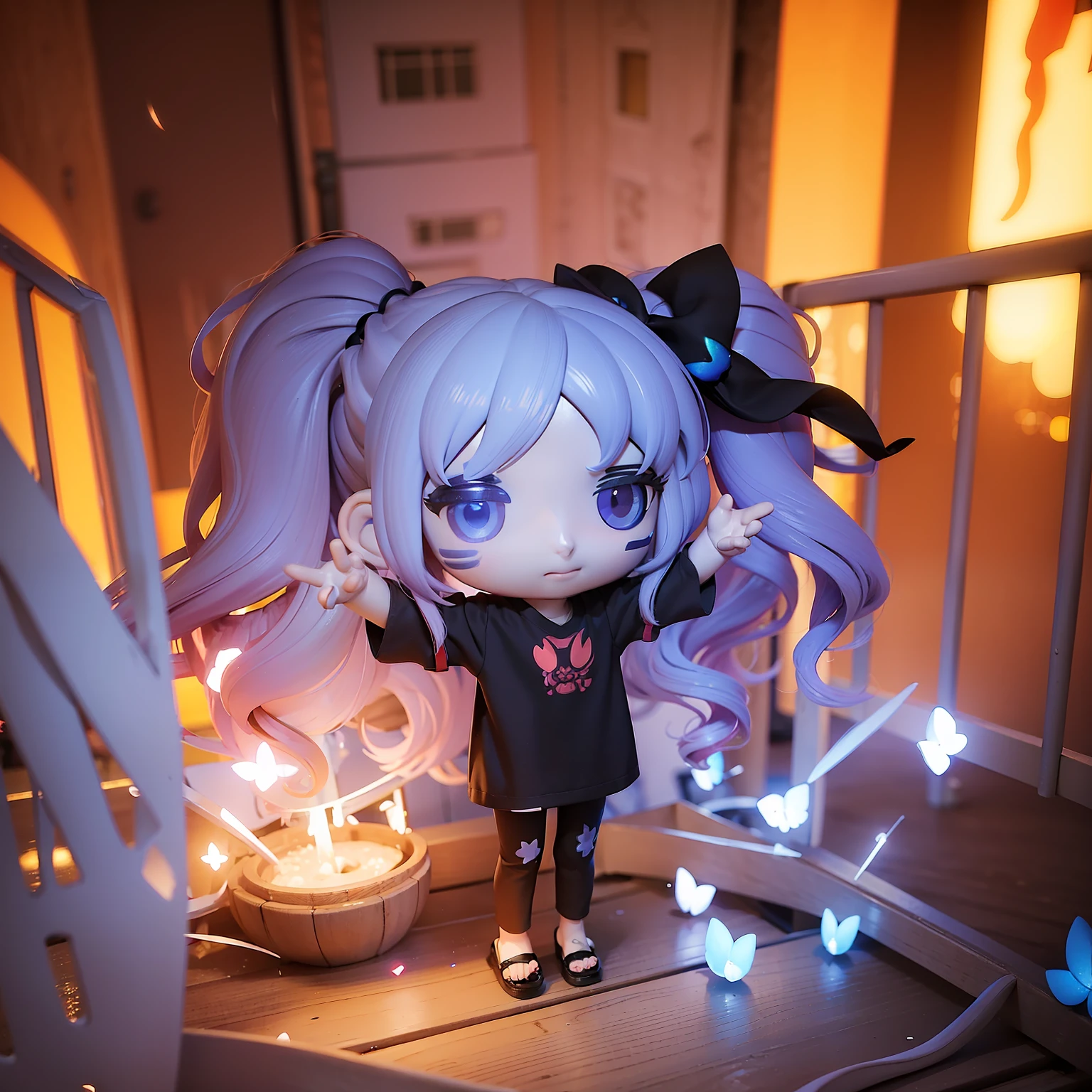 🎇🎆🎡🎢　​masterpiece　(((chibi 3d))) (((petit)))Cute One Girl。
She has pale purple hair in a ponytail,Blue-gray eyes,Wearing a red gradient t-shirt,Black polka dots,Avant-garde half pants,Wearing string sandals,A butterfly perches on the tip of a finger,
Chibichara,Anime Characters,figurine,Petite and Photoreal