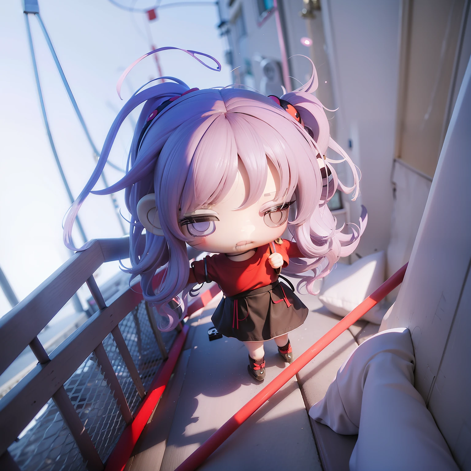 🎇🎆🎡🎢　​masterpiece　(((chibi 3d))) (((petit)))Cute One Girl。
She has pale purple hair in a ponytail,Blue-gray eyes,Wearing a red gradient t-shirt,Black polka dots,Avant-garde half pants,Wearing string sandals,A butterfly perches on the tip of a finger,
Chibichara,Anime Characters,figurine,Petite and Photoreal