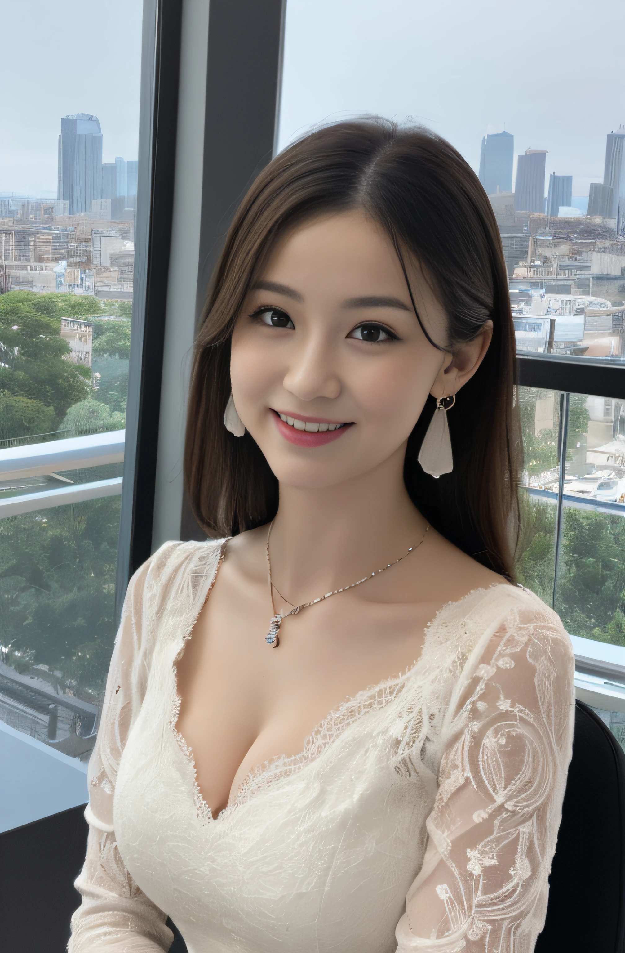 Highly detailed 8k wallpaper), sharp focus, detailed, dramatic, delicate and beautiful young girl, (perky uplifted breasts:1.1), cleavage, chic lace embossed business dress, Half Butterfly Earrings Necklace with Opal, (smile:1.05), graphics beautiful, Modern office with a view, wide windows, show your whole body, standing by window,