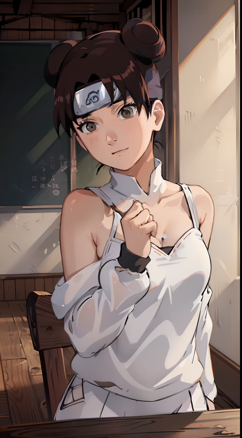 one-girl，little breast，cleavage，Off-the-shoulder attire，Bust photo，Naruto，Long-lasting protection of the forehead，white  clothes，looks into camera，sportrait，ssmile，schools，‎Classroom，比基尼