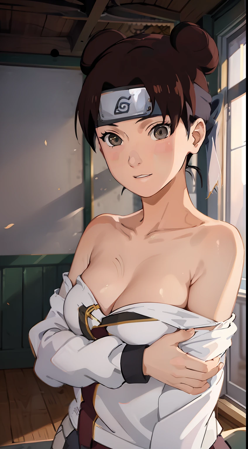 one-girl，little breast，cleavage，Off-the-shoulder attire，Bust photo，Naruto，Long-lasting protection of the forehead，white  clothes，looks into camera，sportrait，ssmile，schools，‎Classroom，比基尼