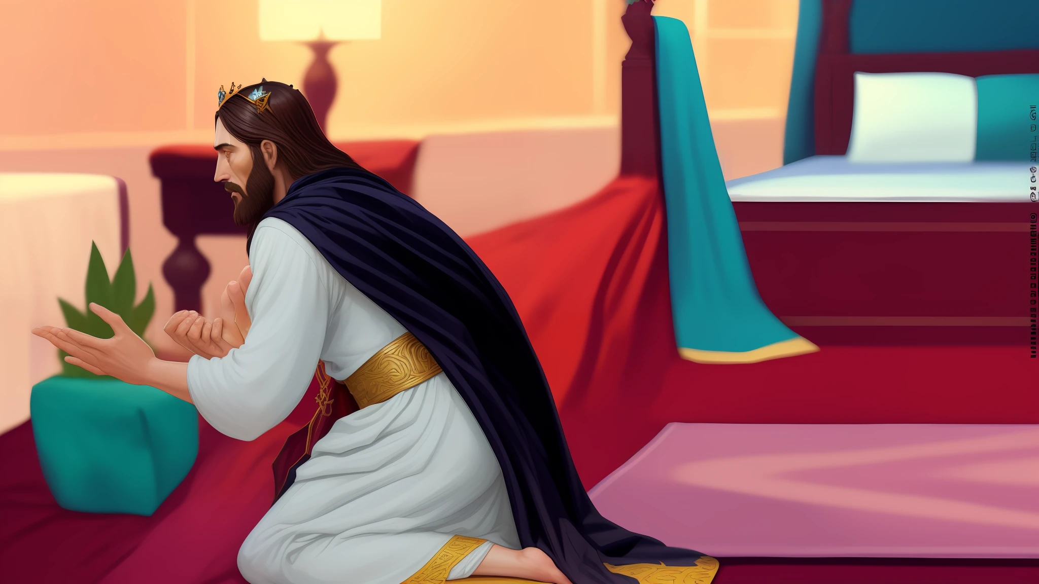 Jesus andando em um quarto com uma cama e uma planta, bible illustration, inspirado em Osman Hamdi Bey, Directed by: Juan O'Gorman, Detalhe 8k, 8 k detalhe, hugging his knees, prophetic art, dramatic illustration, stylized digital illustration, kneeling in prayer,imagem realista,King's crown on the ground,rei ezequias,rei, In prayer,melhor qualidade,imagem incrivel
