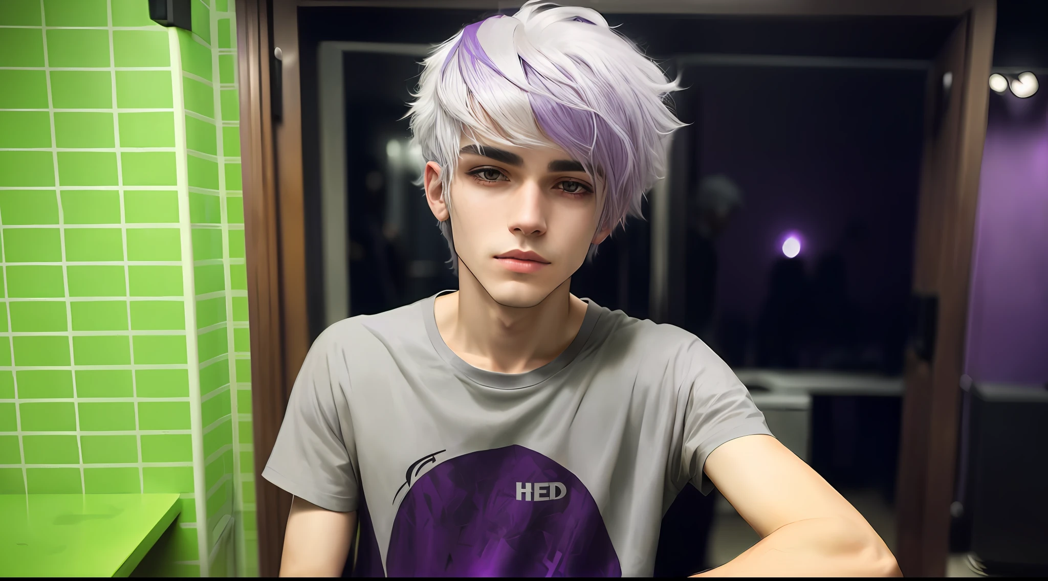The purple-haired Alafard boy sat in the green room, he has dark grey hairs, cute emo guy, long  white hair, Lilac hair, wearing silver hair, young handsome pale roma, halfbody headshot, some grey hair, white-hair pretty face, Hairy silver hair, Silver hairy hair, messy wavy white hair, Short purple hair