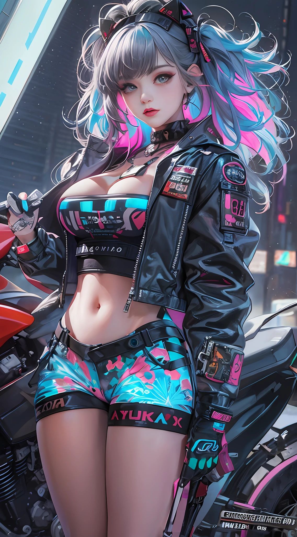masterpiece, best quality, 1 cyberpunk girl, full body shot, standing in front of motorcycle, looking at viewer, Confident cyberpunk girl with sassy expression, Harajuku-inspired pop outfit, bold colors and patterns, eye-catching accessories, trendy and innovative hairstyle, vibrant makeup, Cyberpunk dazzling cityscape, skyscrapers, neon signs, LED lights, bright and vivid color scheme, anime, illustration, detailed skin texture, detailed cloth texture, beautiful detailed face, intricate details, ultra detailed.