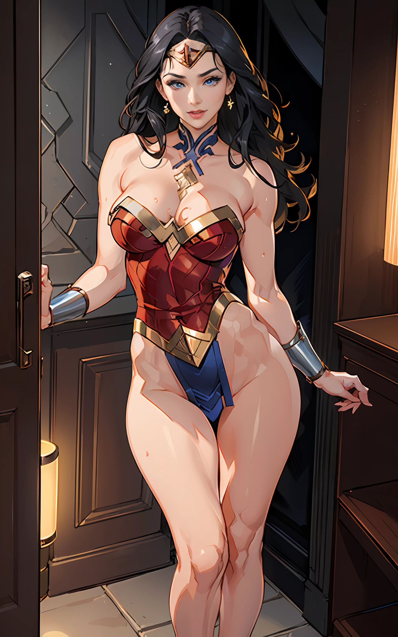 (Masterpiece, Top Quality),1girl ,{{Depth of field}}, Hyper detail, 1woman, (Victoria's Secret Model Wonder Woman), Single, Full Body, (Intricate Details, Make up), (Delicate and beautiful face, delicate and beautiful eyes, face with perfect proportions), High detail skin, delicate skin, Best proportions Four fingers and a thumb, strong and realistic blue eyes, realistic black hair, lips, makeup,   natural skin texture, tiara, lingerie(Victoria's Secret Wonder Woman transparent) lightly sunburned, mature, sexy, elastic muscles, ((strong and healthy body)), wet body, wet hair, wet face, long legs, curved thighs, thick, wide buttocks, thin legs, (large breasts: 1.2), thin waist, soft waist, (delicate skin), (wet body: 1.0), (beautiful and sexy woman), (swollen lips:  0.9), (eyelashes: 1.2), very delicate muscle definition, LED panel lights arranged in a square shape to mimic existing indoor luminaires, luxury hotel room, ((top quality)), ((masterpiece)), ((realistic)), (detailed), cinematic lighting, complex, high detail, sharp focus,
