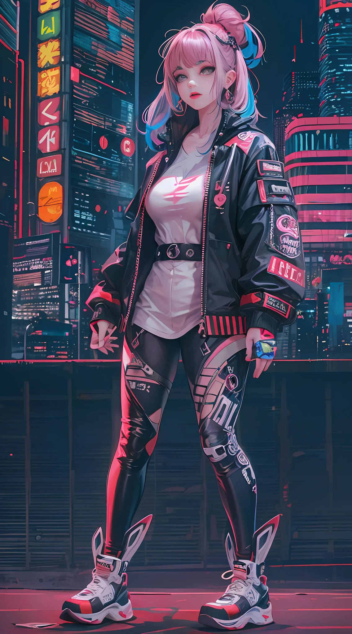 masterpiece, best quality, 1 cyberpunk girl, full body shot, standing in front of motorcycle, looking at viewer, Confident cyberpunk girl with sassy expression, Harajuku-inspired pop outfit, bold colors and patterns, eye-catching accessories, trendy and innovative hairstyle, vibrant makeup, Cyberpunk dazzling cityscape, skyscrapers, neon signs, LED lights, bright and vivid color scheme, anime, illustration, detailed skin texture, detailed cloth texture, beautiful detailed face, intricate details, ultra detailed.