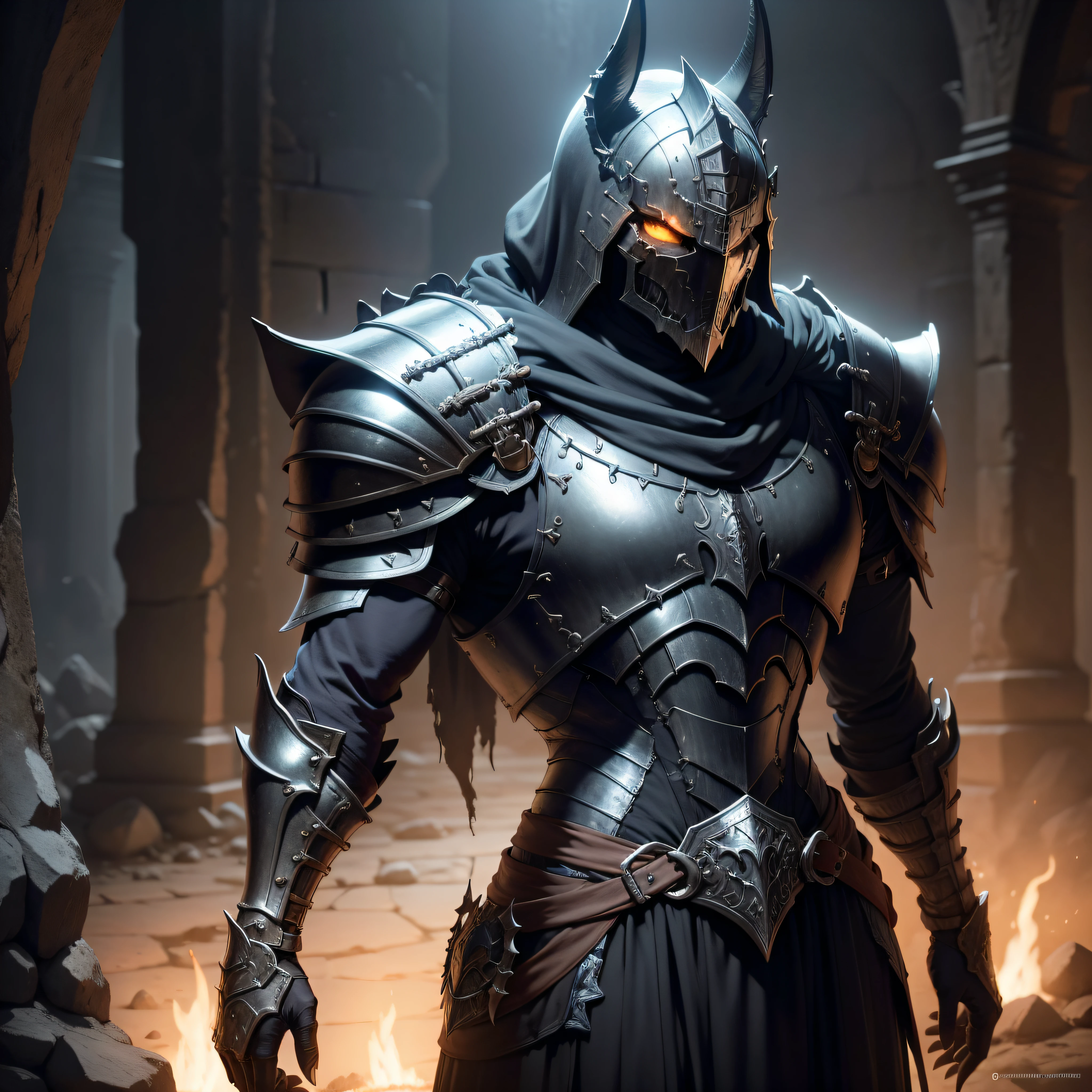 a dark souls character on a dungeon he is wearing a anubis armor dark souls armor style