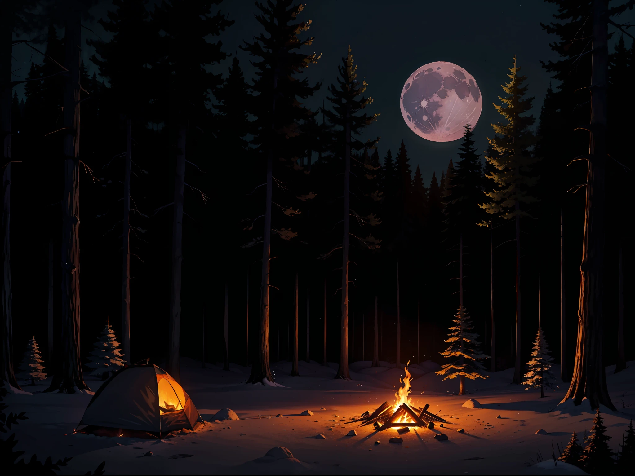 (campfire in forest:1.2, night:1.1, moon:1.1, eerie light:1.2)