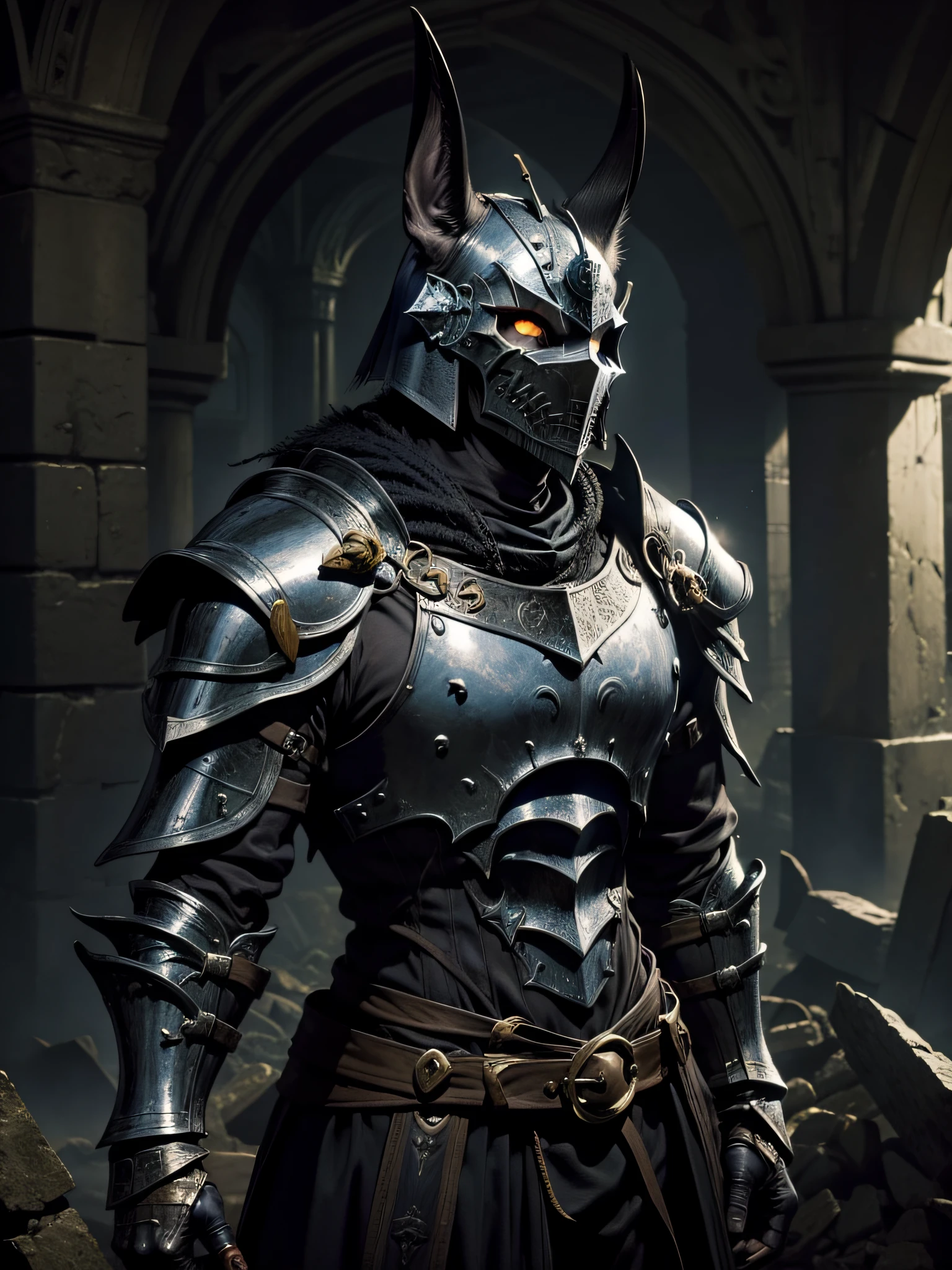 A Dark Souls character in a dungeon he is wearing an Anubis Dark Souls armor style armor