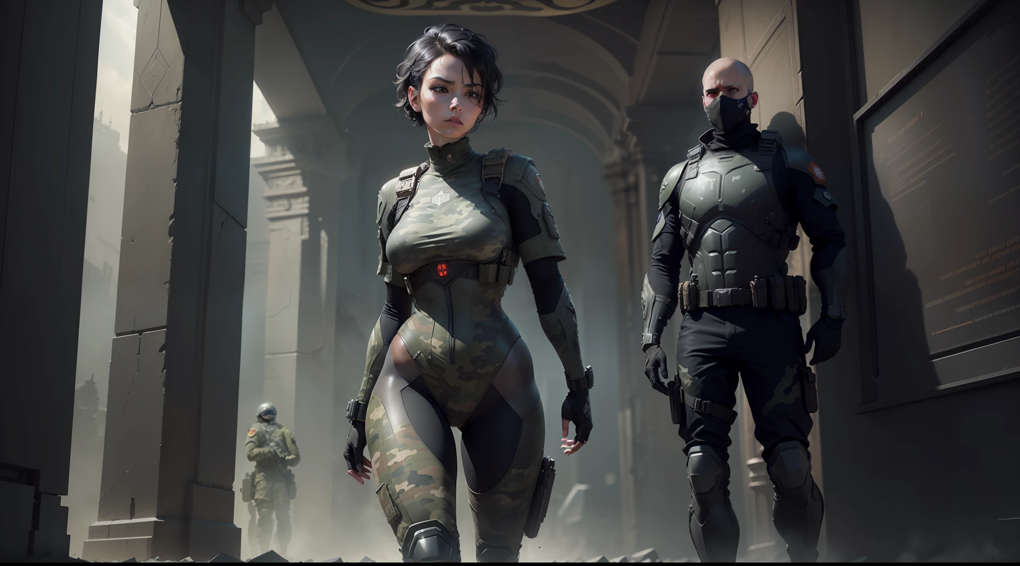 (perfect full body high Portrait female soldier. ((Dressed in a camouflage uniform and gray special forces suit with a bulletproof vest)) A sporty woman with short black hair on the back of her head and very long at the temples. vibrant, realistic, stunning realistic photograph, 3d render, octane render, intricately detailed, cinematic, trending on artstation, perfect eyes. Isometric, Centered hipereallistic cover photo, awesome full color, hand drawn, dark, gritty, mucha, klimt, erte 12k, high definition, cinematic, neoprene, behance contest winner, portrait featured on unsplash, stylized digital art, smooth, ultra high definition, 8k, unreal engine 5, ultra sharp focus, intricate artwork masterpiece, ominous, TanvirTamim, trending on artstation, by artgerm, h. r. giger and beksinski, highly detailed, full body