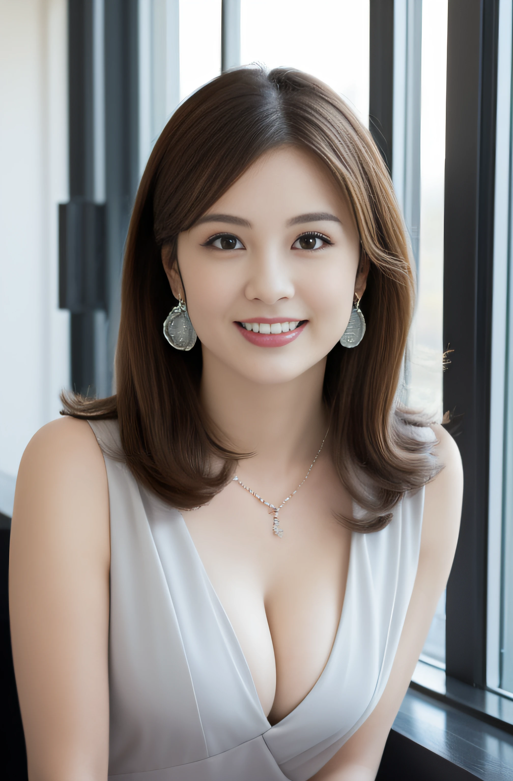 Highly detailed 8k wallpaper), sharp focus, detailed, dramatic, delicate and beautiful young girl, (perky uplifted breasts:1.1), cleavage, chic business dress, Half Butterfly Earrings, Necklace with Opal, (smile:1.05), graphics beautiful, Modern office with a view, wide windows, 3/4 body, standing by window, dynamic angle,