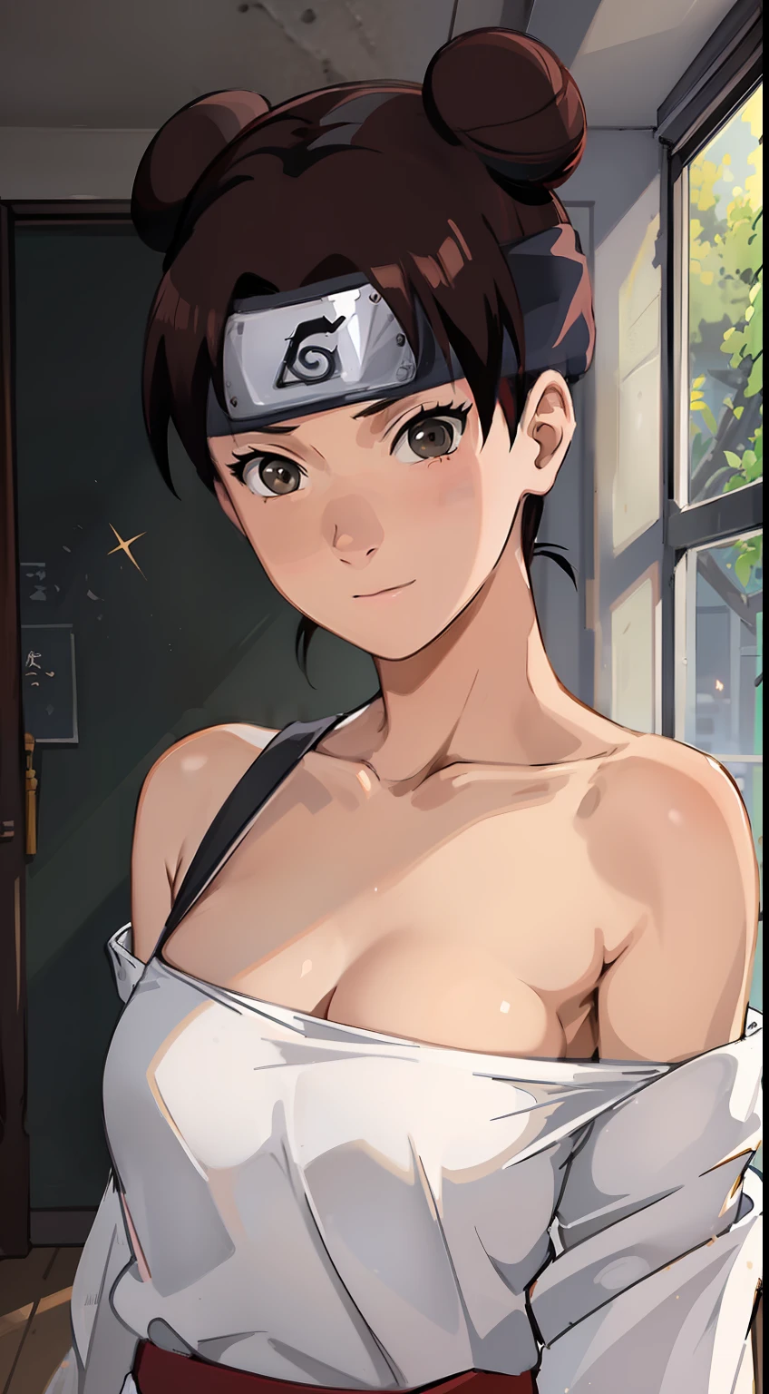 one-girl，little breast，cleavage，Off-the-shoulder attire，Bust photo，Naruto，Long-lasting forehead protection，white  clothes，looks into camera，sportrait，ssmile，schools，‎Classroom，比基尼，cute little