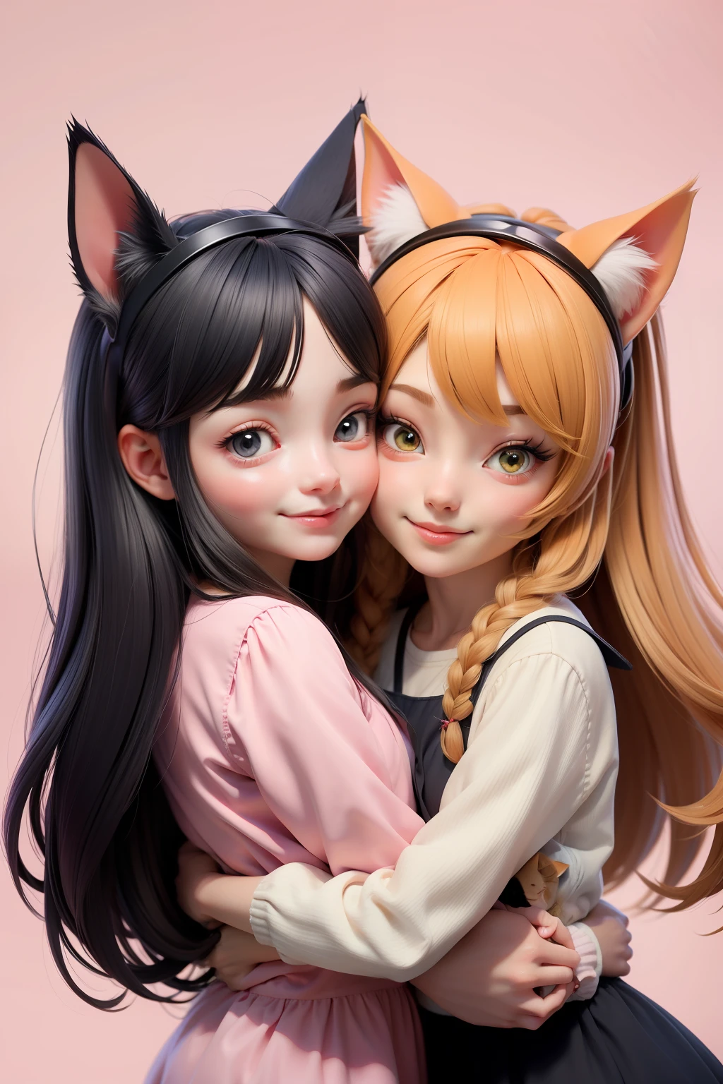 2 girls hugging each other,semi nuas, cat accessories on the head, uma com calda de gato e a outra com calda de raposa, sorriso safado,estilo anime semi realista
