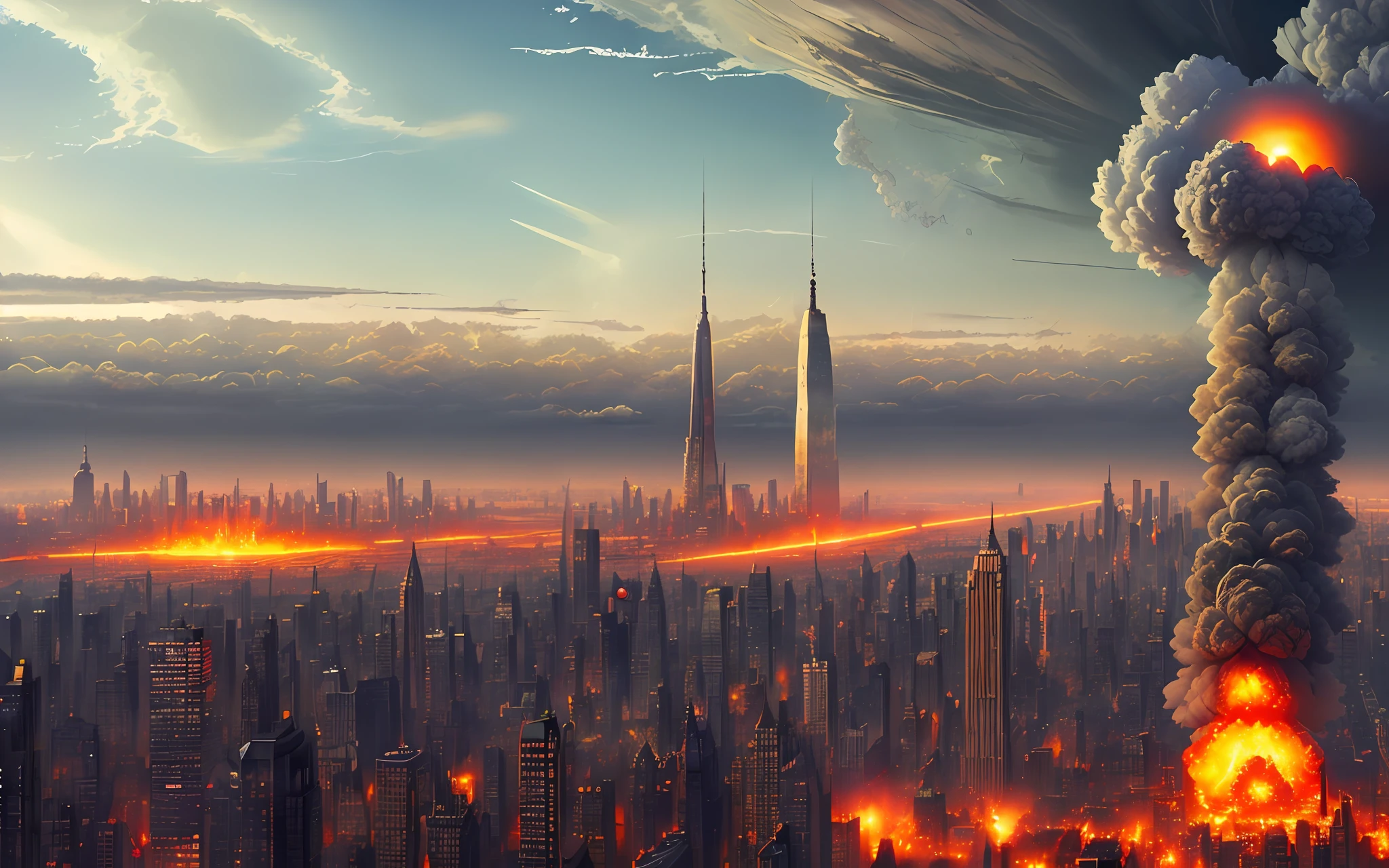 a huge nuclear explosion, manhattan, chaos, panic, epic realistic, faded, neutral colors, (hdr), ((((muted colors)))), (intricate), artstation, hyperdetailed, cinematic, warm lights, dramatic light, intricate details, complex background, dark