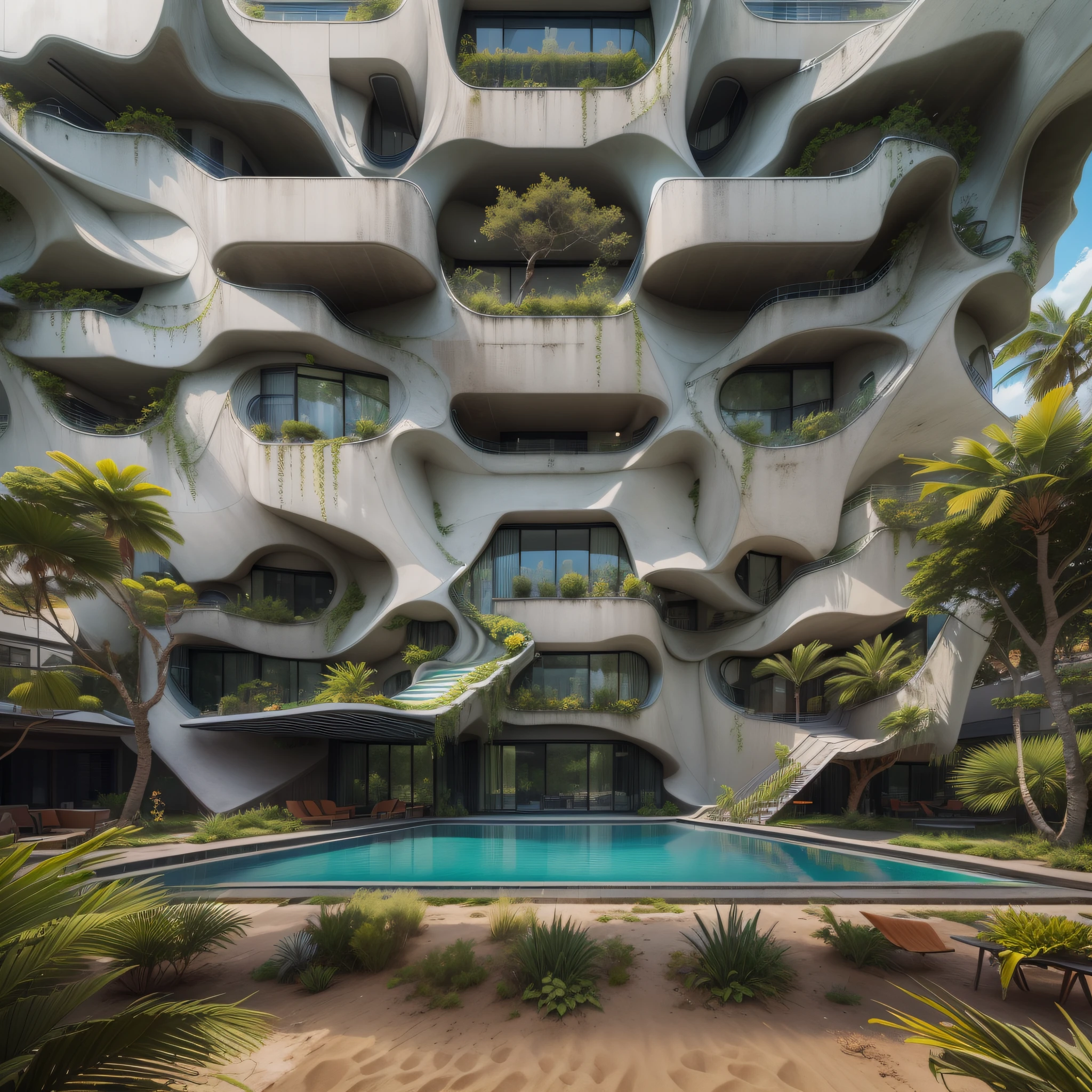 Grande hotel, Arquitetura futurista, building in the background, Architecture of a dark gray concrete building, madeira e vidro, Building with large lawn on the beach, Arquitetura moderna, grande piscina em frente ao hotel, restaurante interior com grandes fachadas em vidro, grandes candeeiros no interior, lots of vegetation around, hotel com 120 quartos, Arquitetura moderna, organic architecture, Geometria luxuosa, hiper-realista, Fantastic 8K architecture, UHD — AR 16: